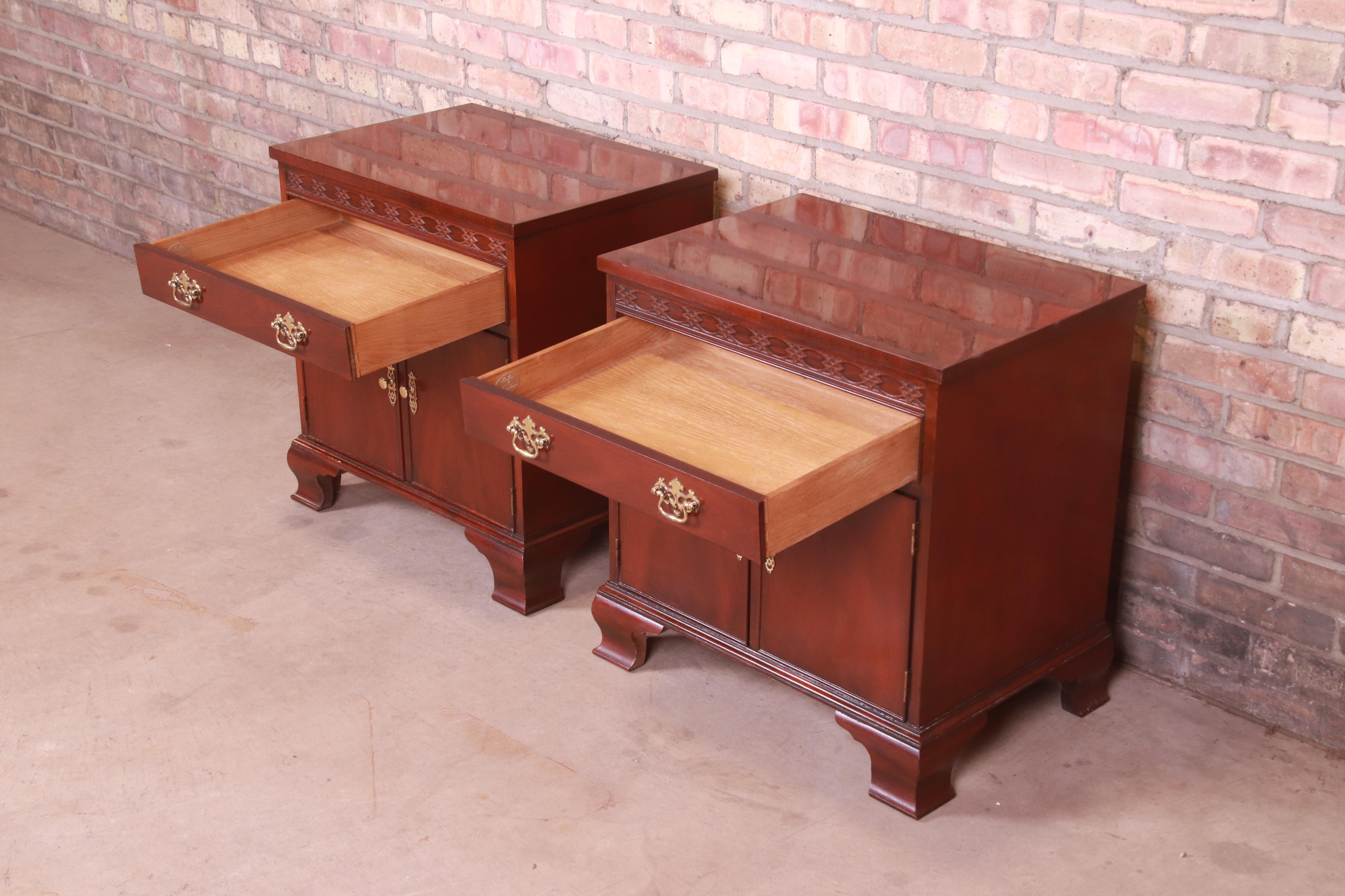 Baker Furniture Chippendale Carved Mahogany Nightstands, Pair 1