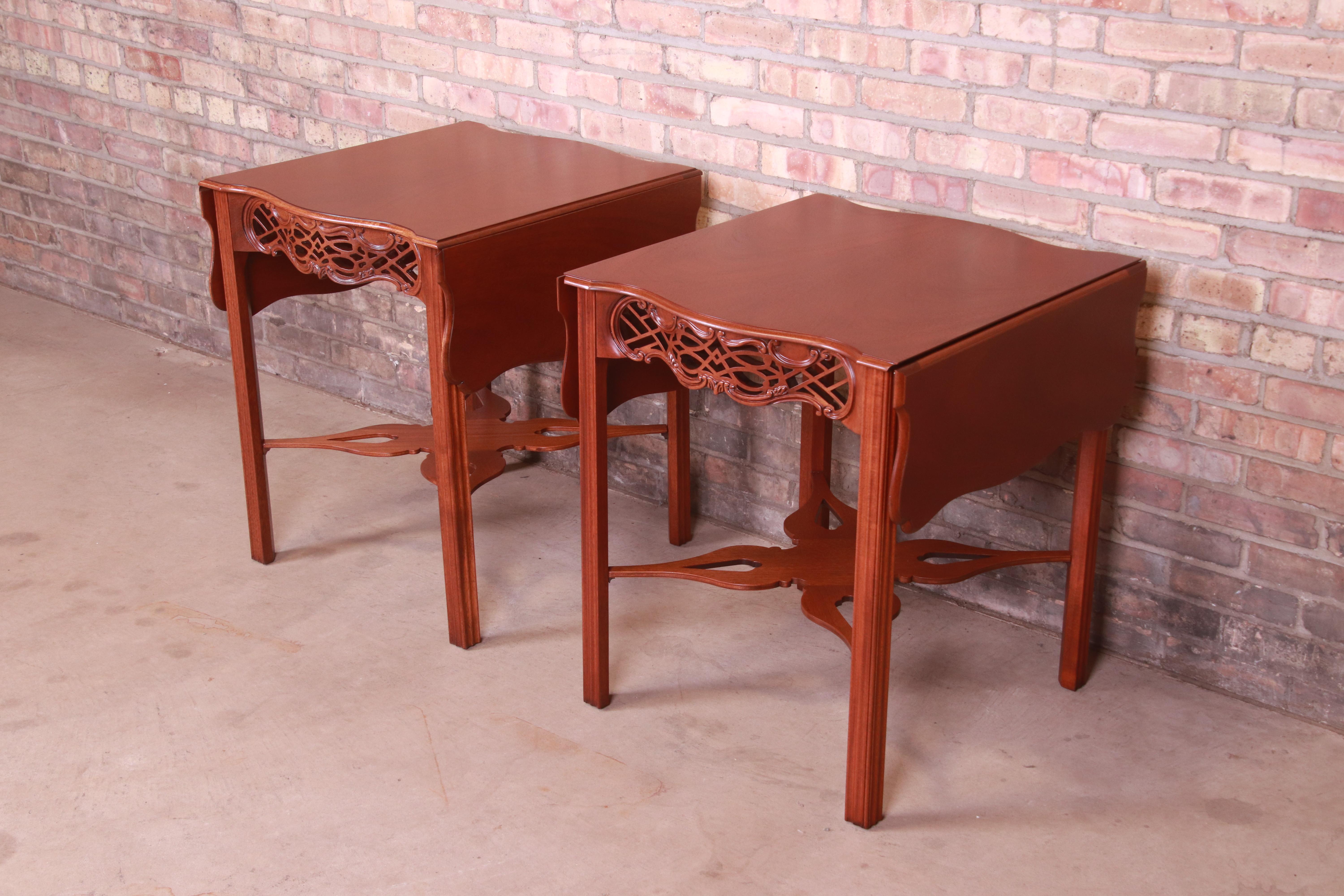 Baker Furniture Chippendale Carved Mahogany Pembroke Tables, Newly Refinished In Good Condition For Sale In South Bend, IN