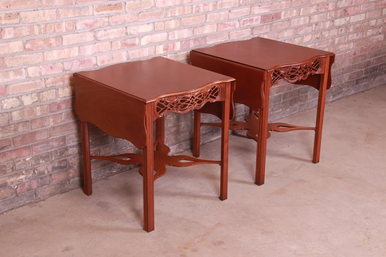 20th Century Baker Furniture Chippendale Carved Mahogany Pembroke Tables, Newly Refinished For Sale