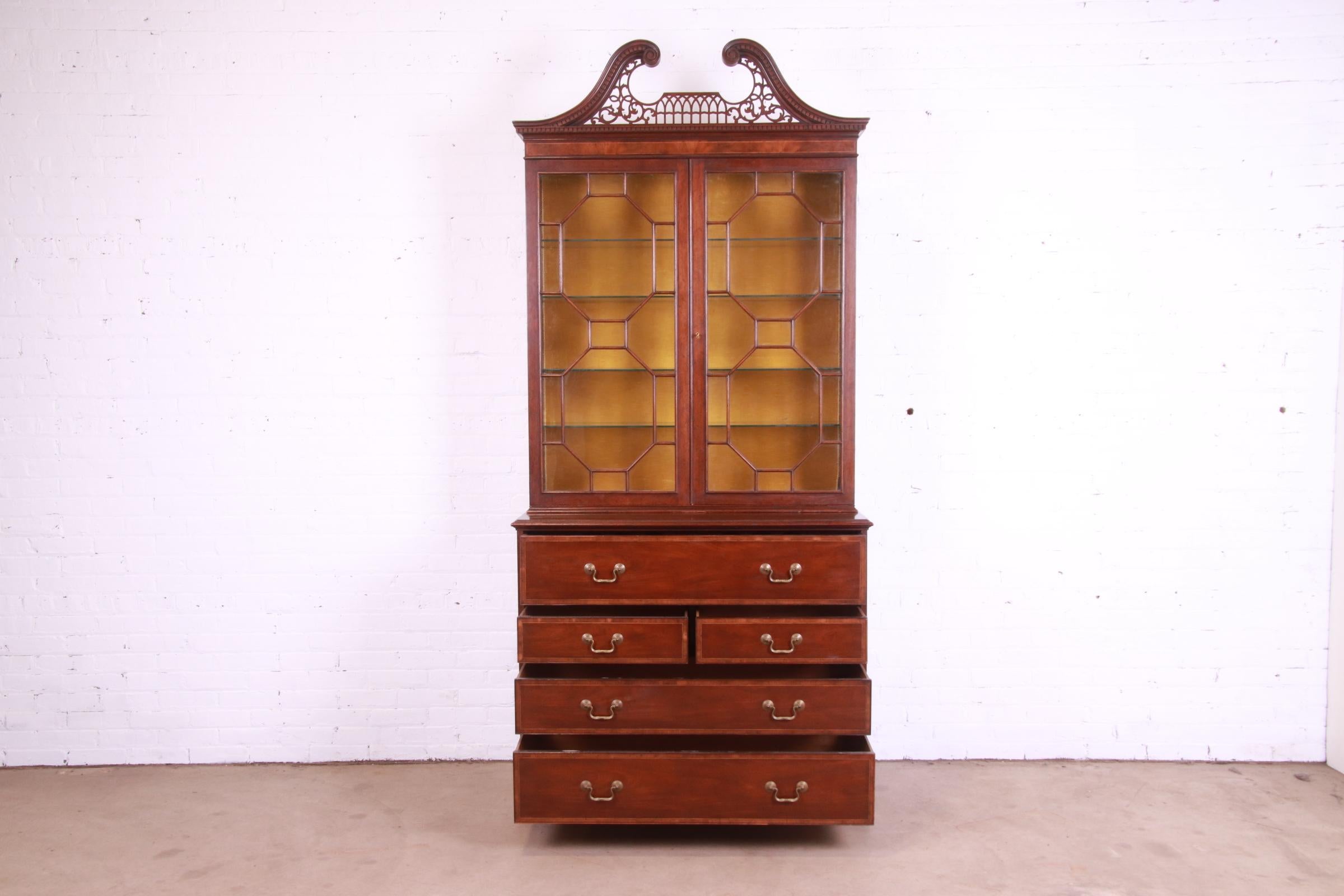American Baker Furniture Chippendale Carved Mahogany Secretary Desk with Bookcase Hutch