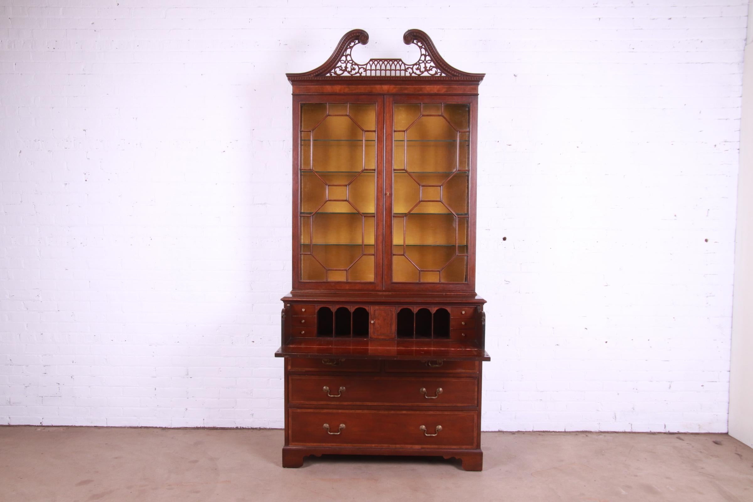 Brass Baker Furniture Chippendale Carved Mahogany Secretary Desk with Bookcase Hutch
