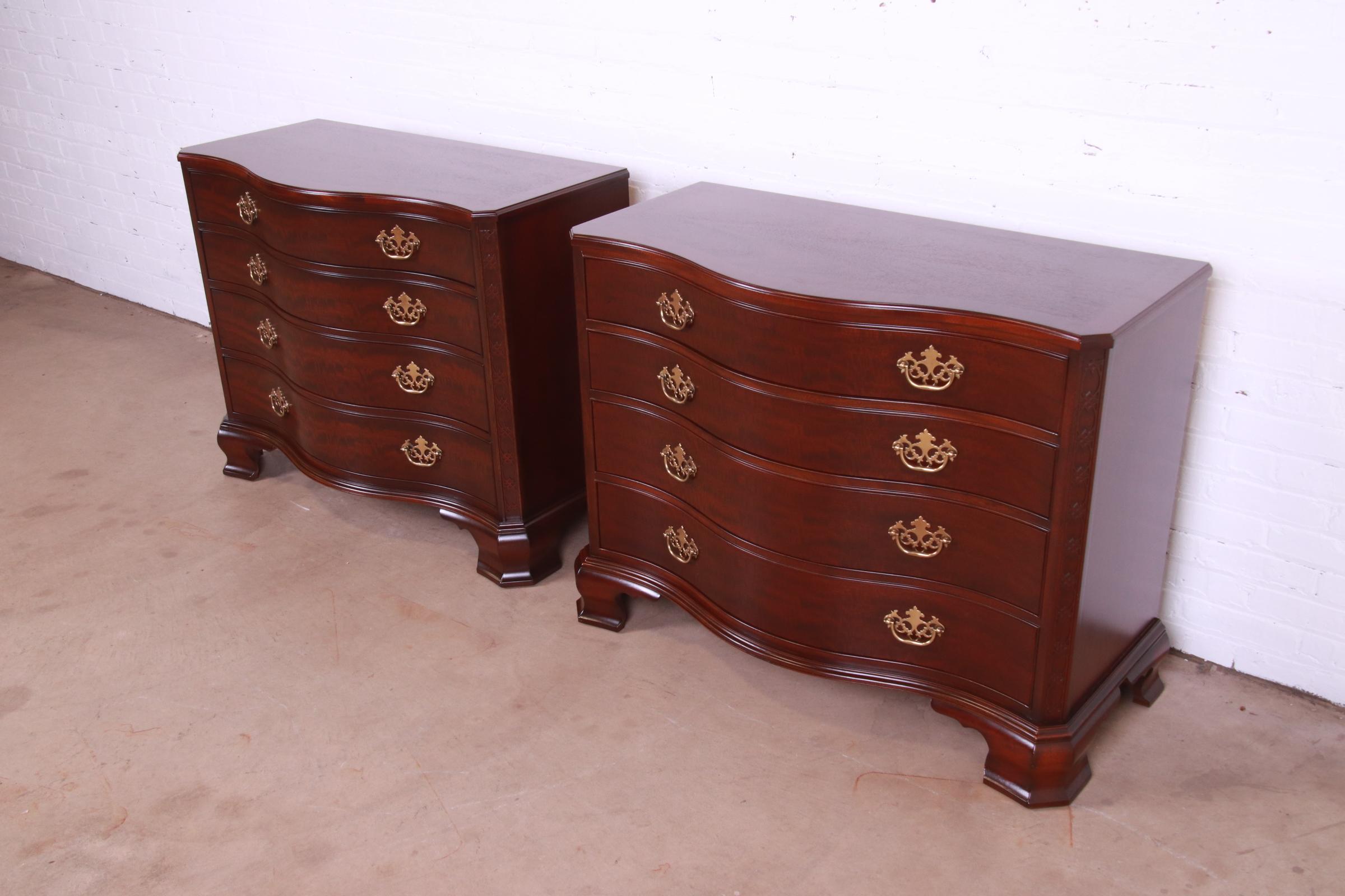 20th Century Baker Furniture Chippendale Carved Mahogany Serpentine Dresser Chests, Pair For Sale
