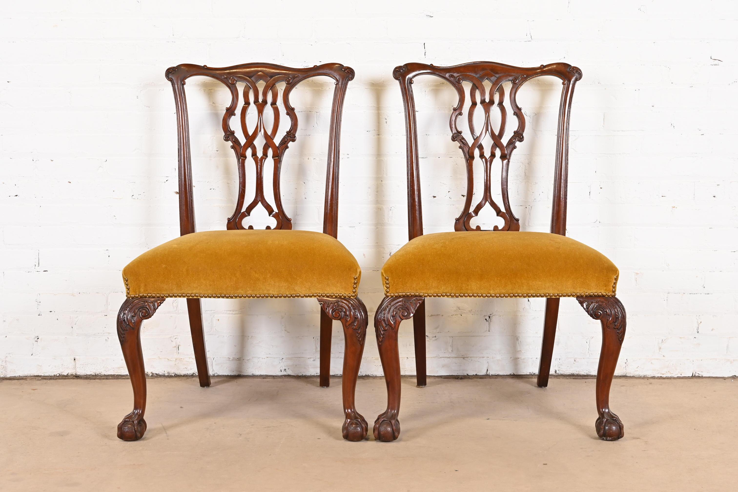 Late 20th Century Baker Furniture Chippendale Carved Mahogany Side Chairs, Pair For Sale
