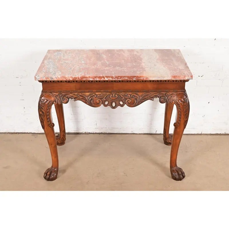 American Baker Furniture Chippendale Carved Walnut and Marble Top Console Table With Paw For Sale