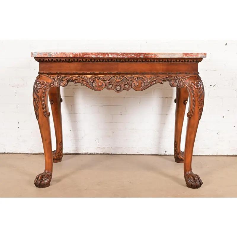 Baker Furniture Chippendale Carved Walnut and Marble Top Console Table With Paw In Good Condition For Sale In South Bend, IN