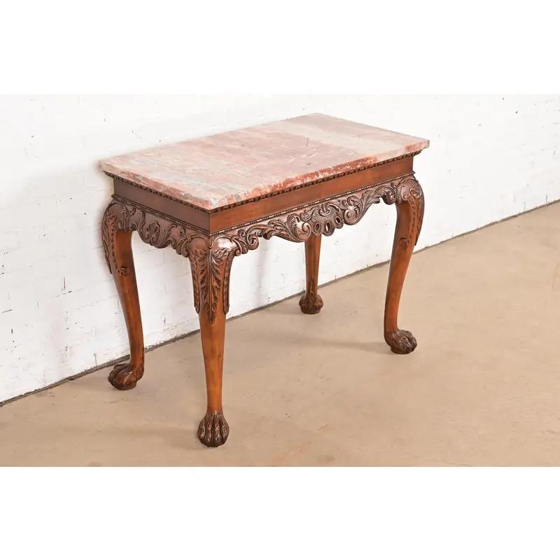 Late 20th Century Baker Furniture Chippendale Carved Walnut and Marble Top Console Table With Paw For Sale