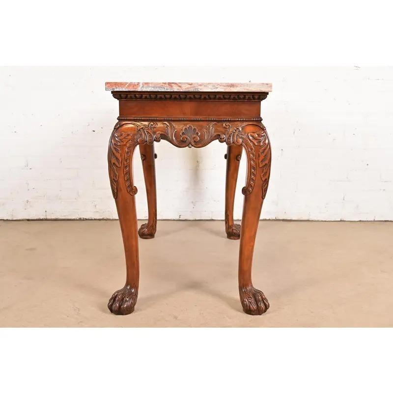 Baker Furniture Chippendale Carved Walnut and Marble Top Console Table With Paw For Sale 1