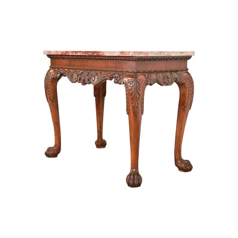 Baker Furniture Chippendale Carved Walnut and Marble Top Console Table With Paw For Sale