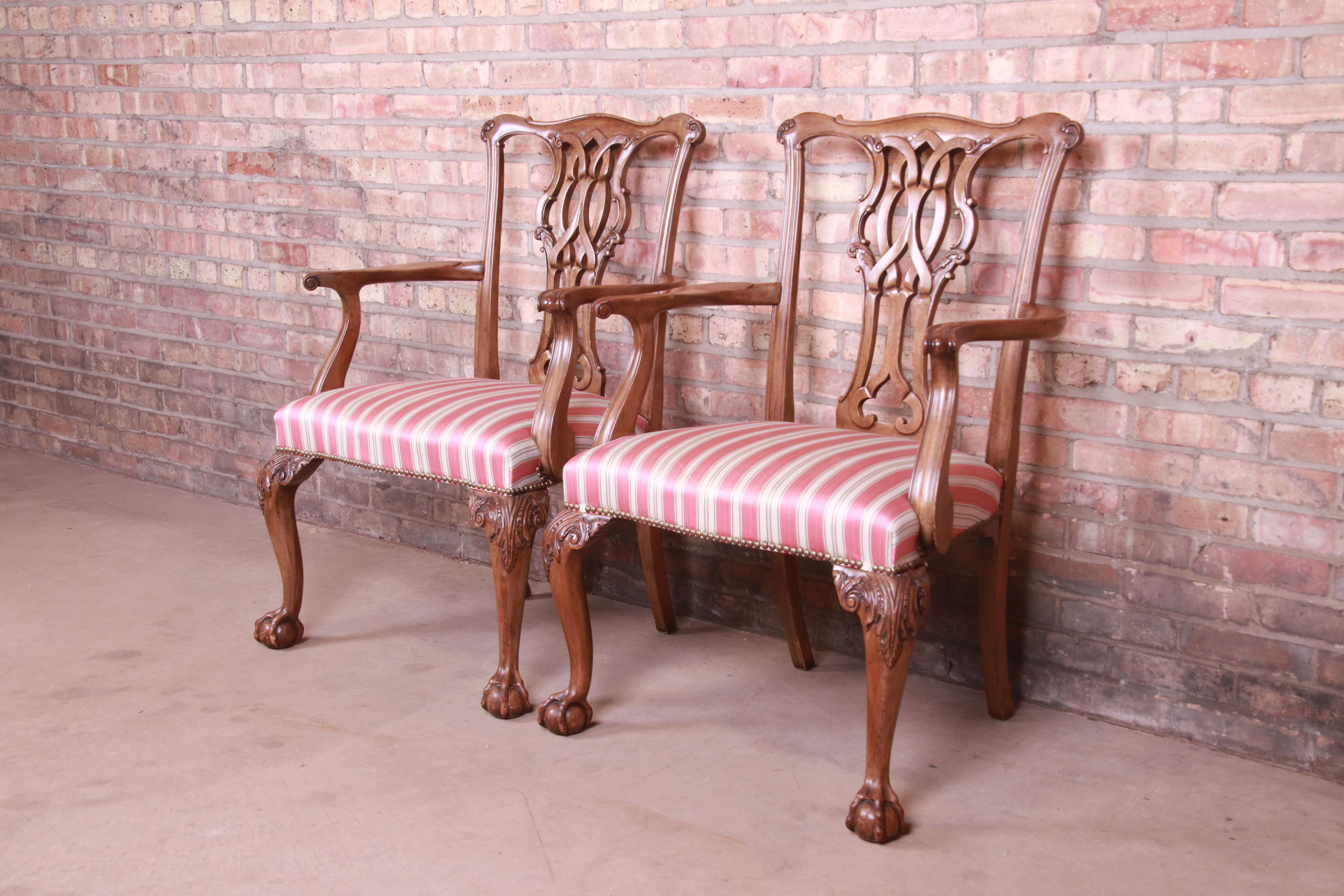 American Baker Furniture Chippendale Carved Walnut Armchairs, Pair