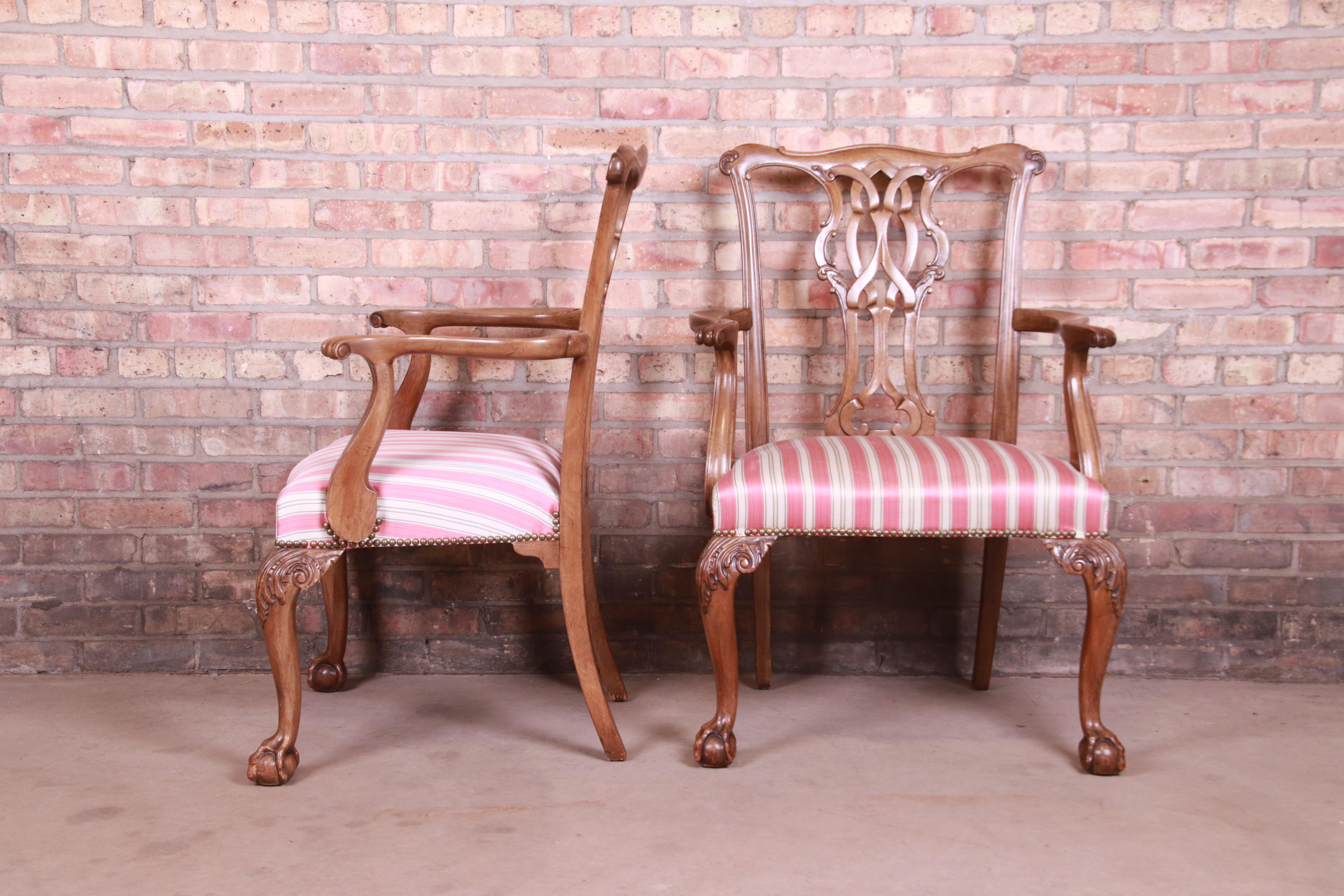 Upholstery Baker Furniture Chippendale Carved Walnut Armchairs, Pair
