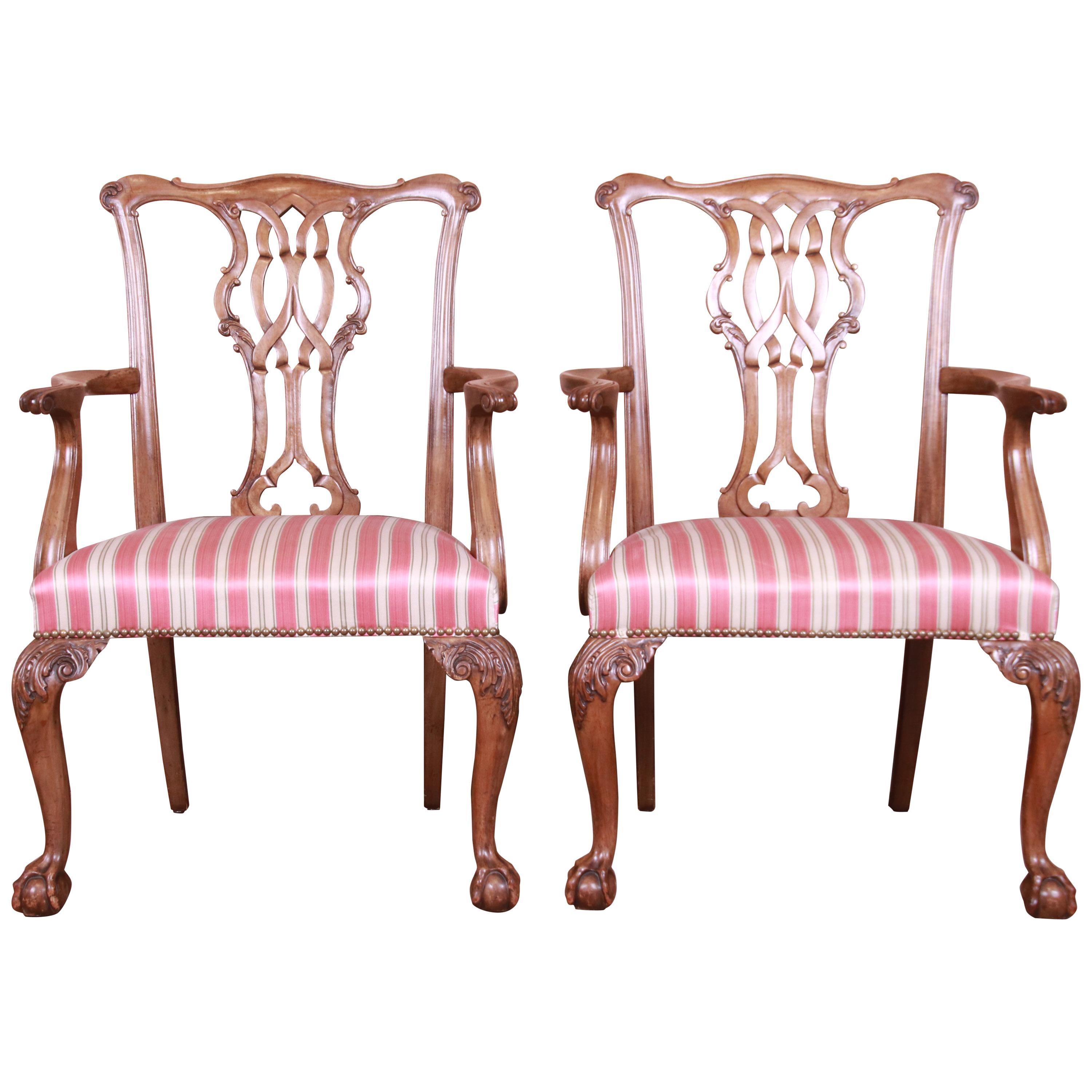 Baker Furniture Chippendale Carved Walnut Armchairs, Pair