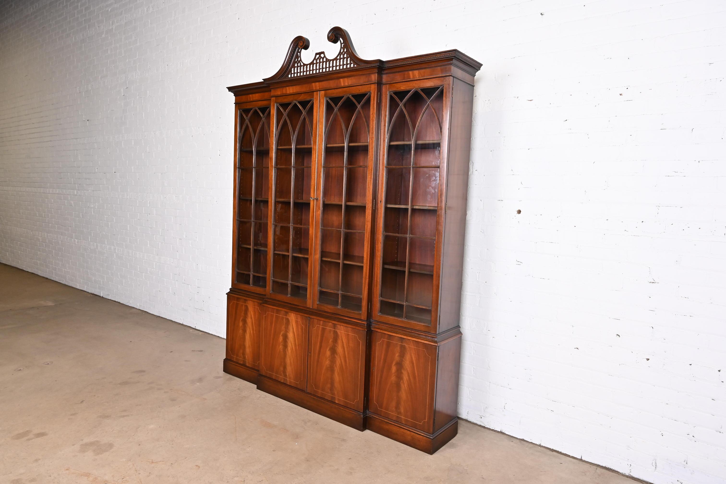 American Baker Furniture Chippendale Flame Mahogany Breakfront Bookcase Cabinet