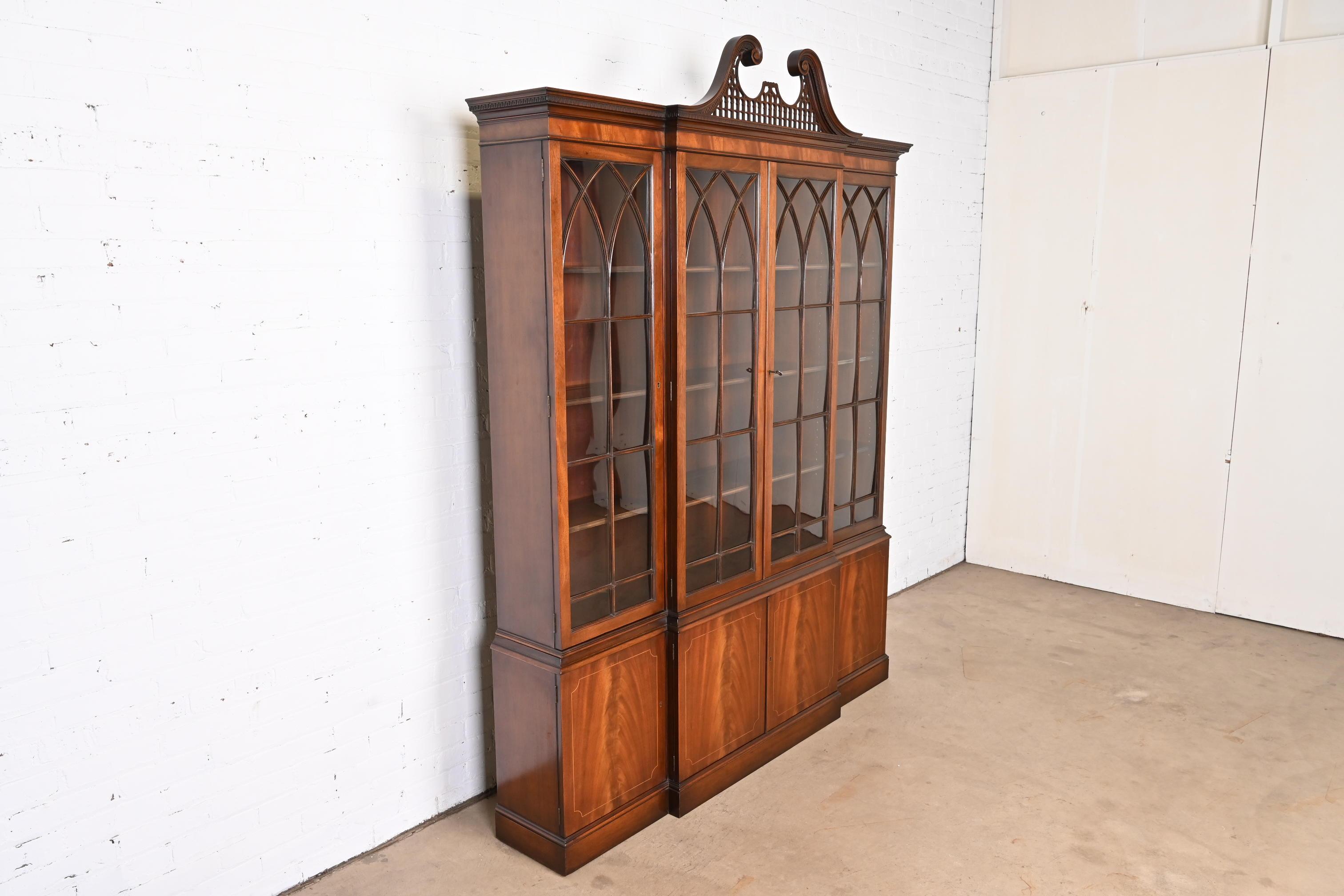 20th Century Baker Furniture Chippendale Flame Mahogany Breakfront Bookcase Cabinet