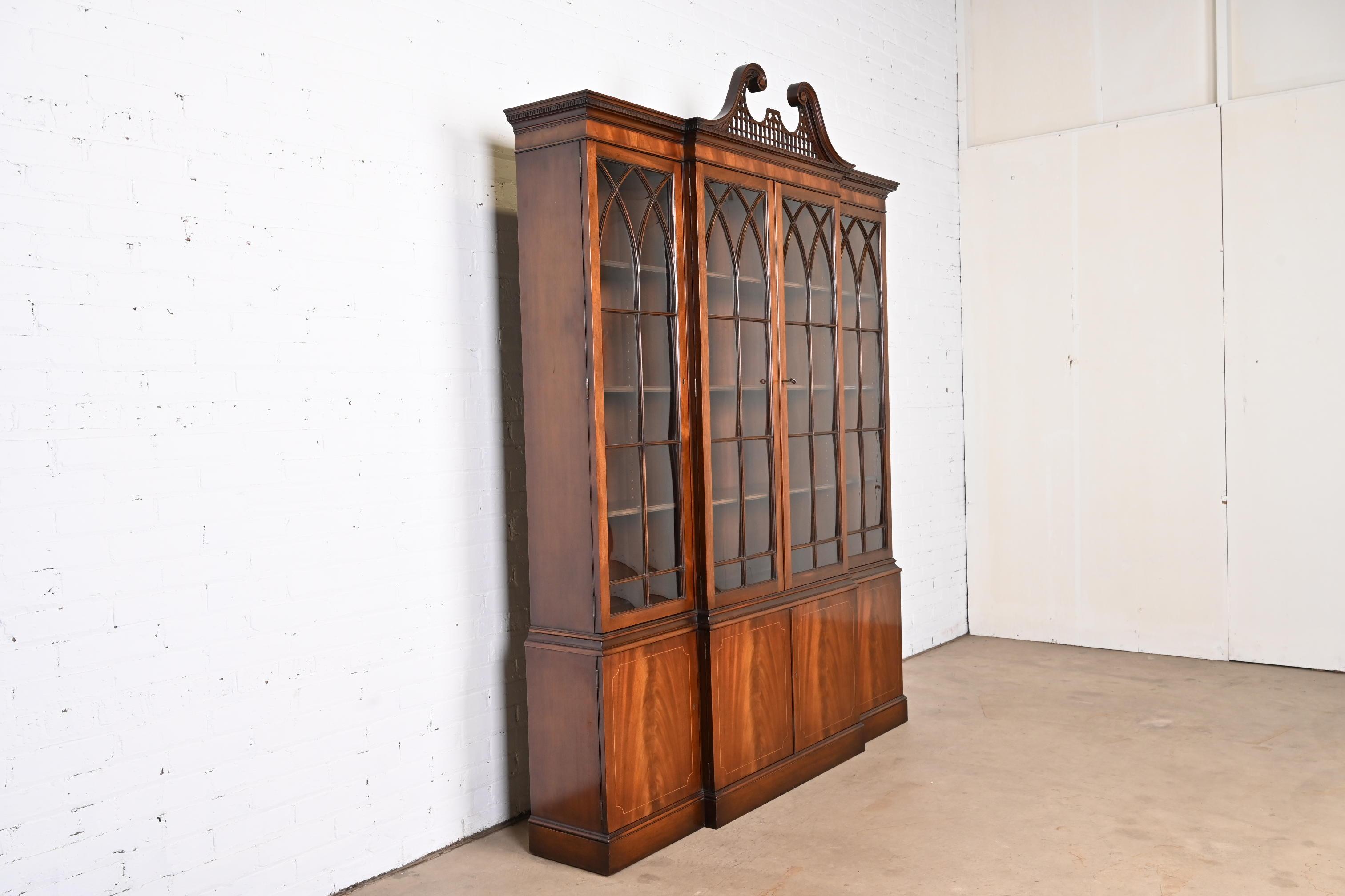 Brass Baker Furniture Chippendale Flame Mahogany Breakfront Bookcase Cabinet