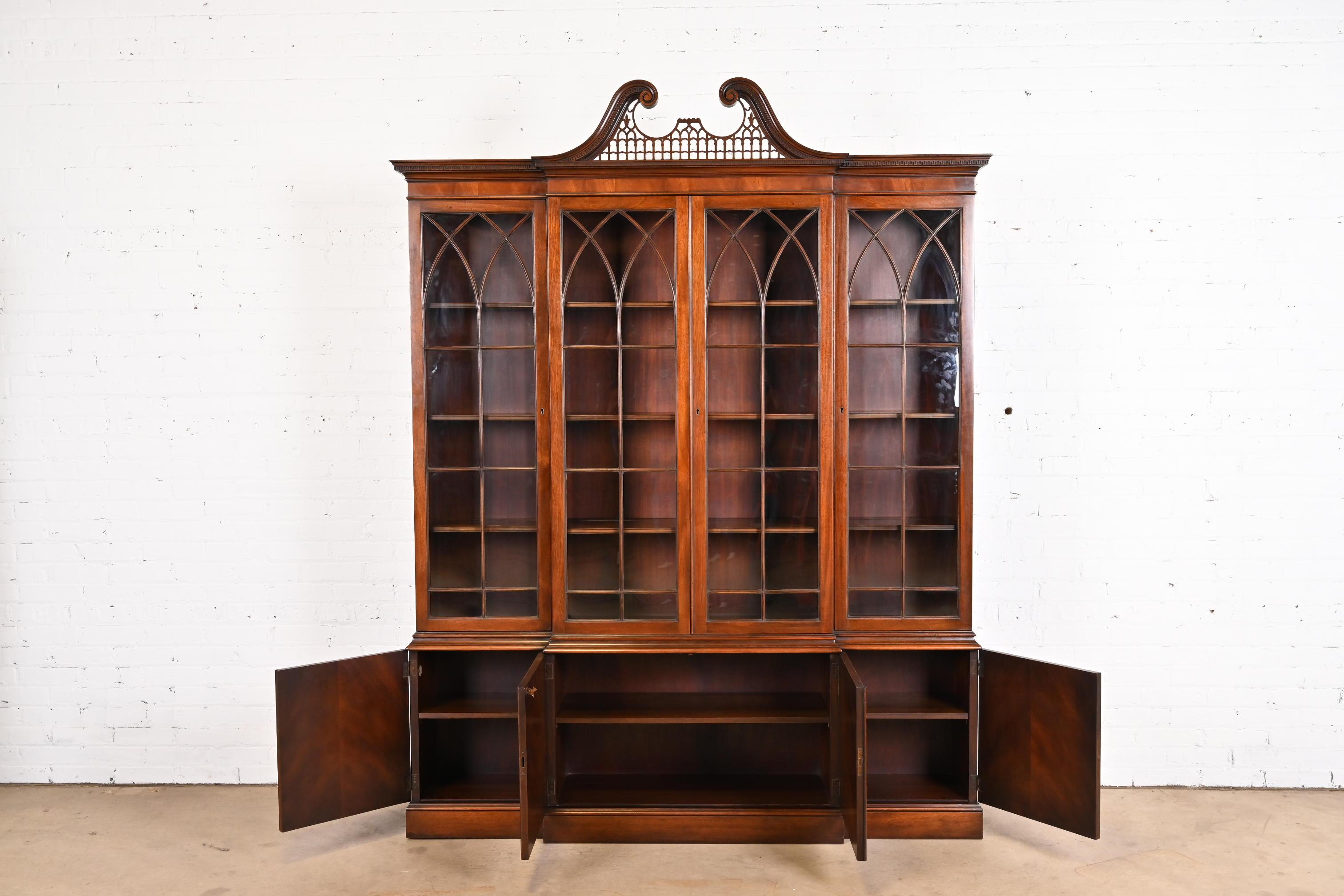 Baker Furniture Chippendale Flame Mahogany Breakfront Bookcase Cabinet 2