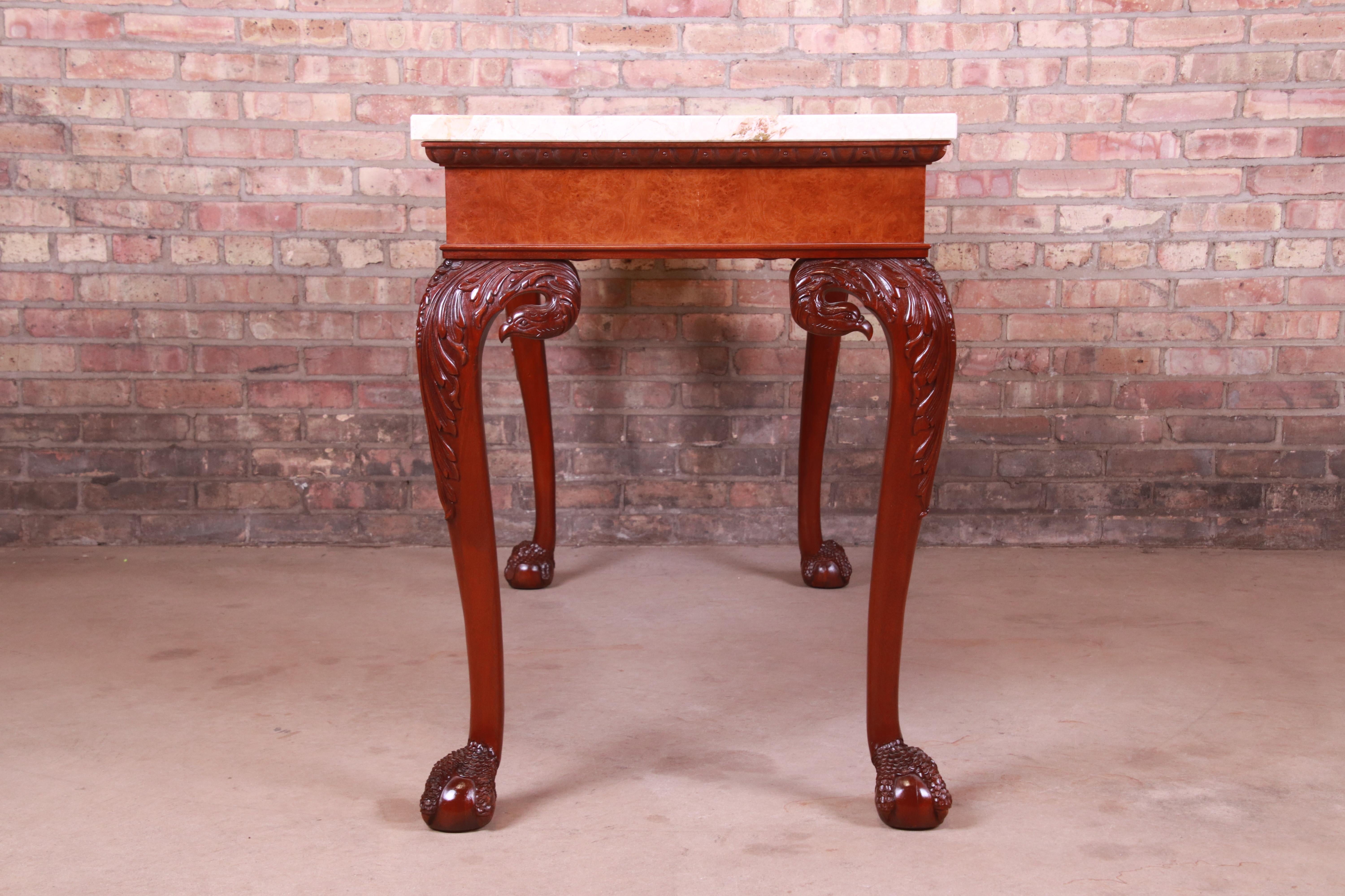 Baker Furniture Chippendale Mahogany and Burl Wood Marble Top Console Table 8
