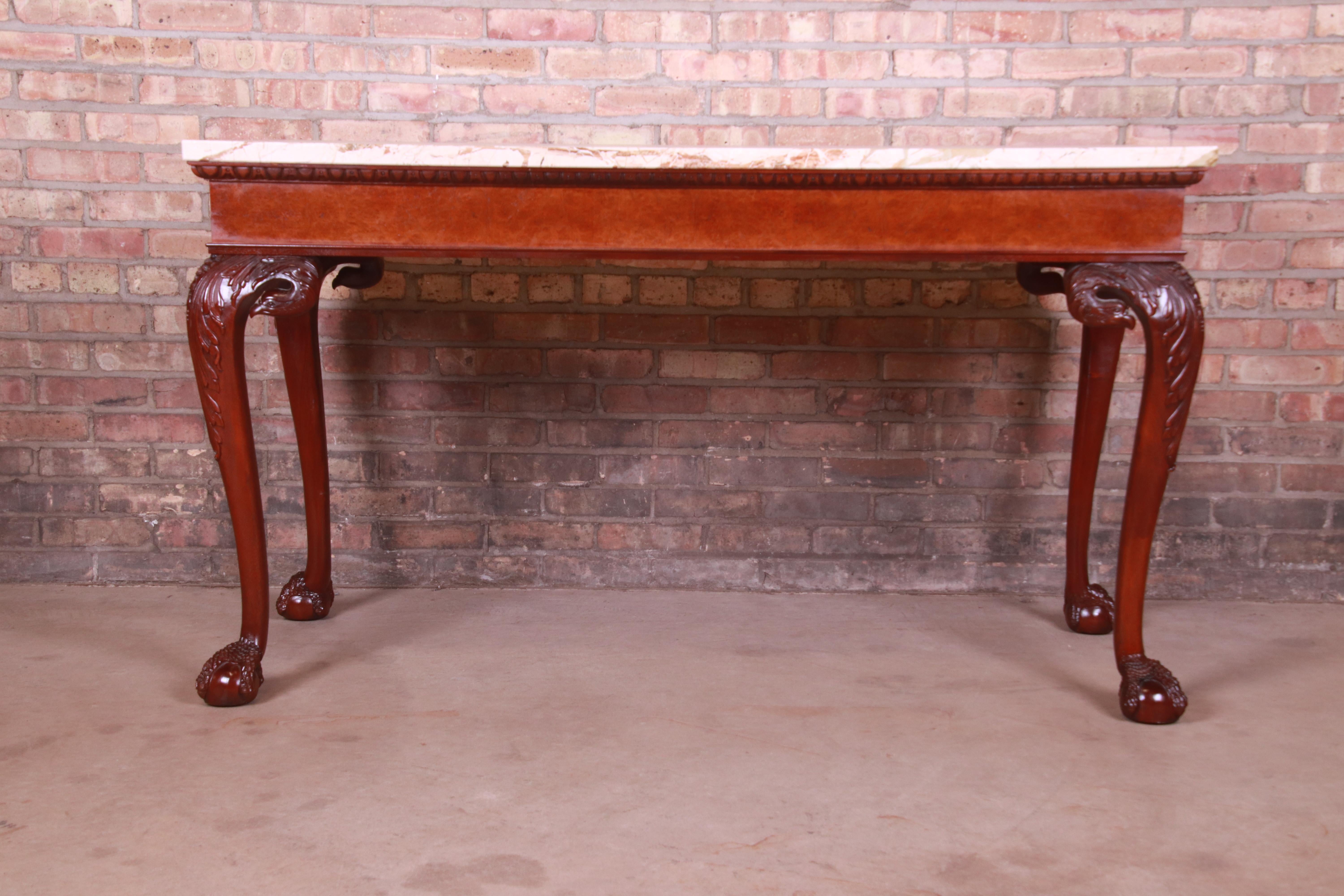 Baker Furniture Chippendale Mahogany and Burl Wood Marble Top Console Table 9