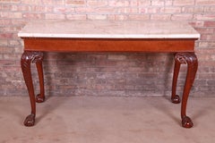 Baker Furniture Chippendale Mahogany and Burl Wood Marble Top Console Table