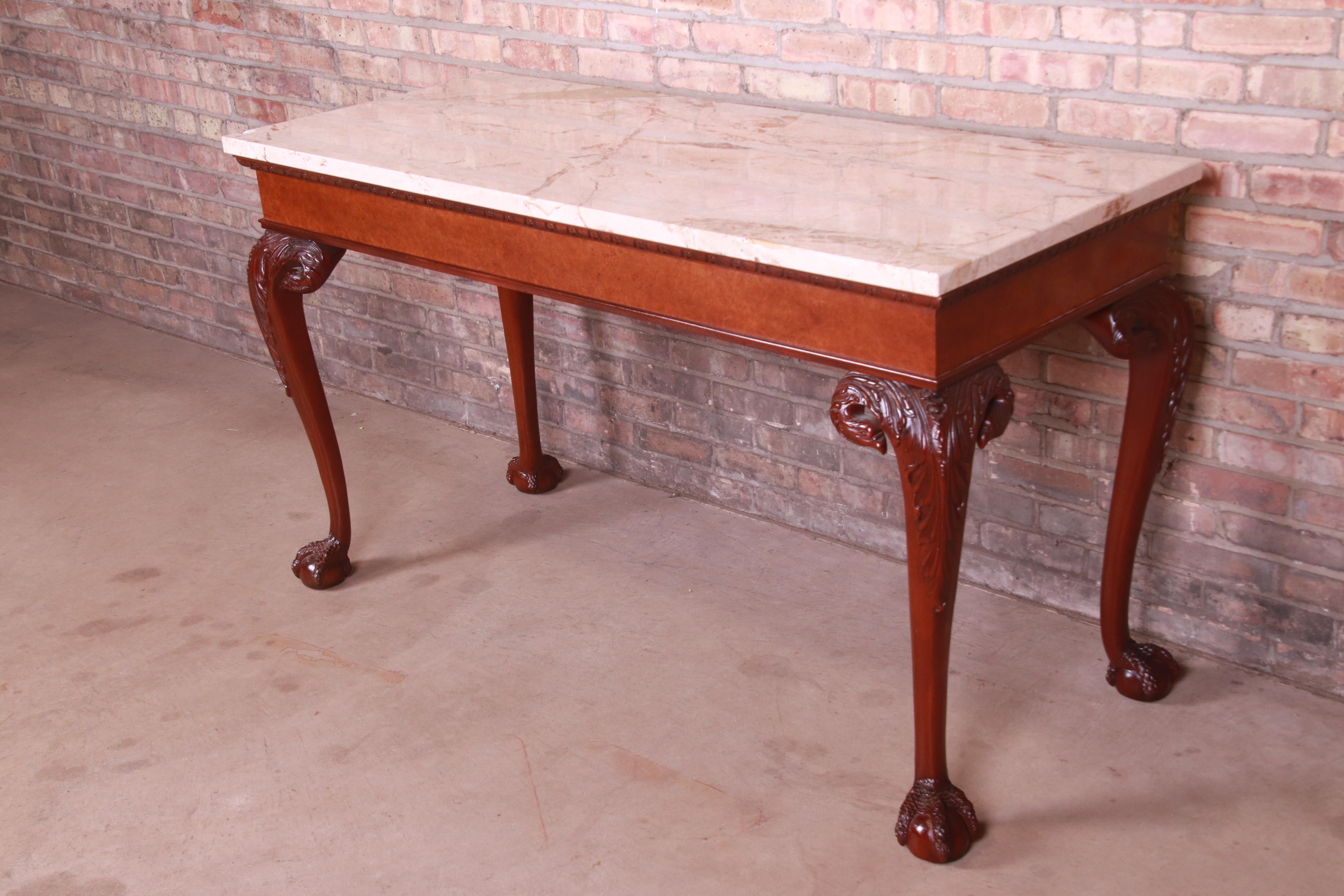 Baker Furniture Chippendale Mahogany and Burl Wood Marble Top Console Table In Good Condition In South Bend, IN