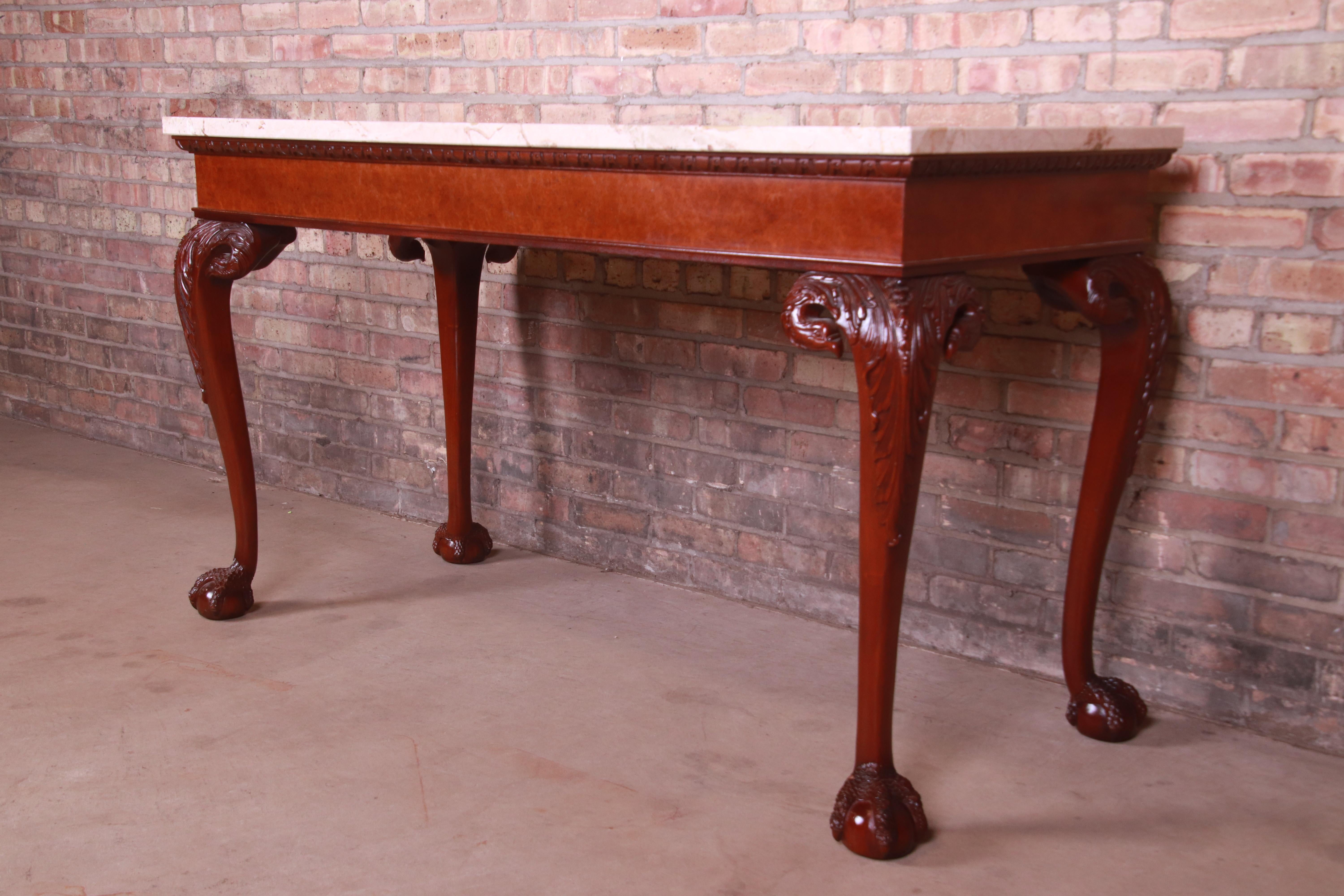 20th Century Baker Furniture Chippendale Mahogany and Burl Wood Marble Top Console Table