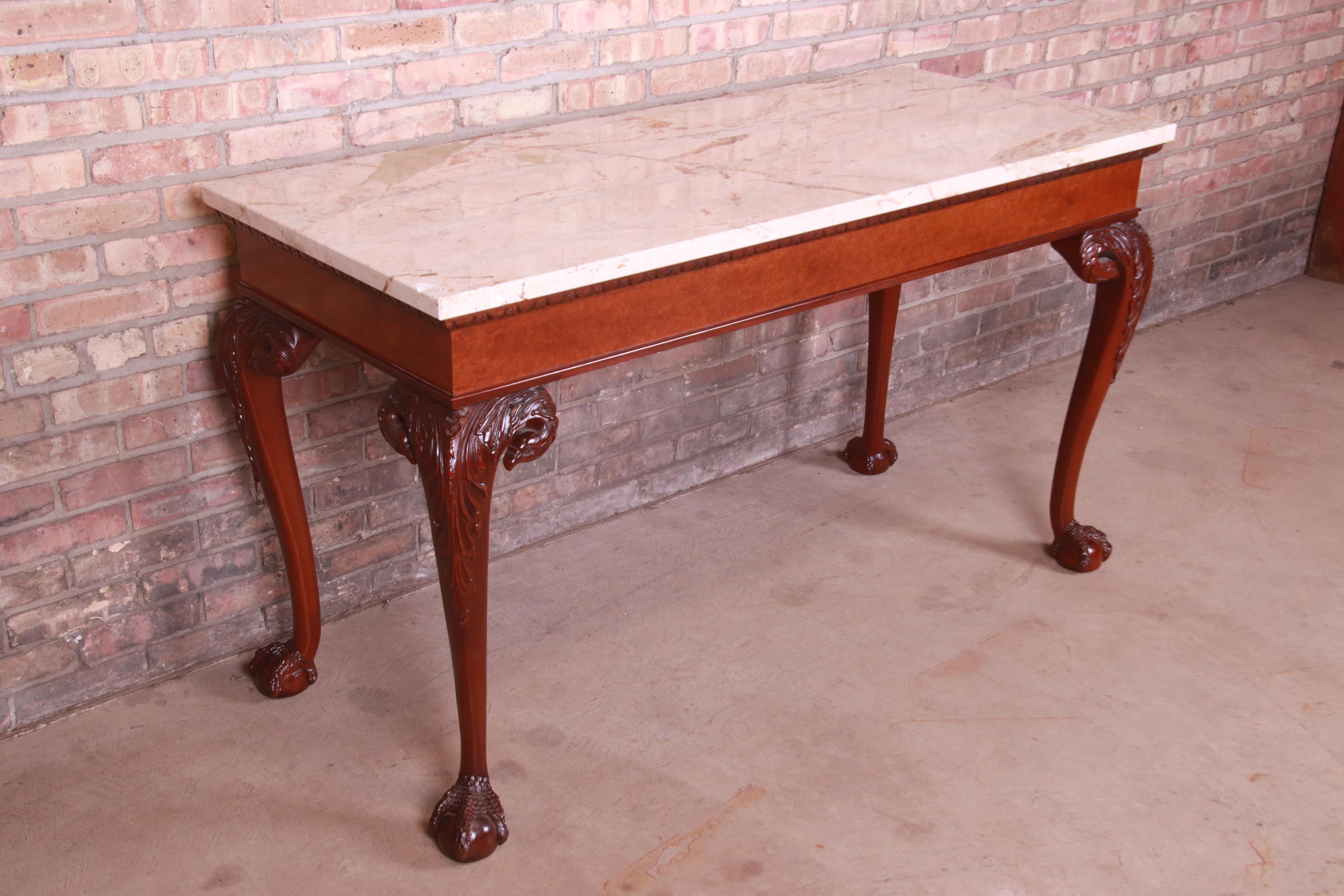 Baker Furniture Chippendale Mahogany and Burl Wood Marble Top Console Table 1