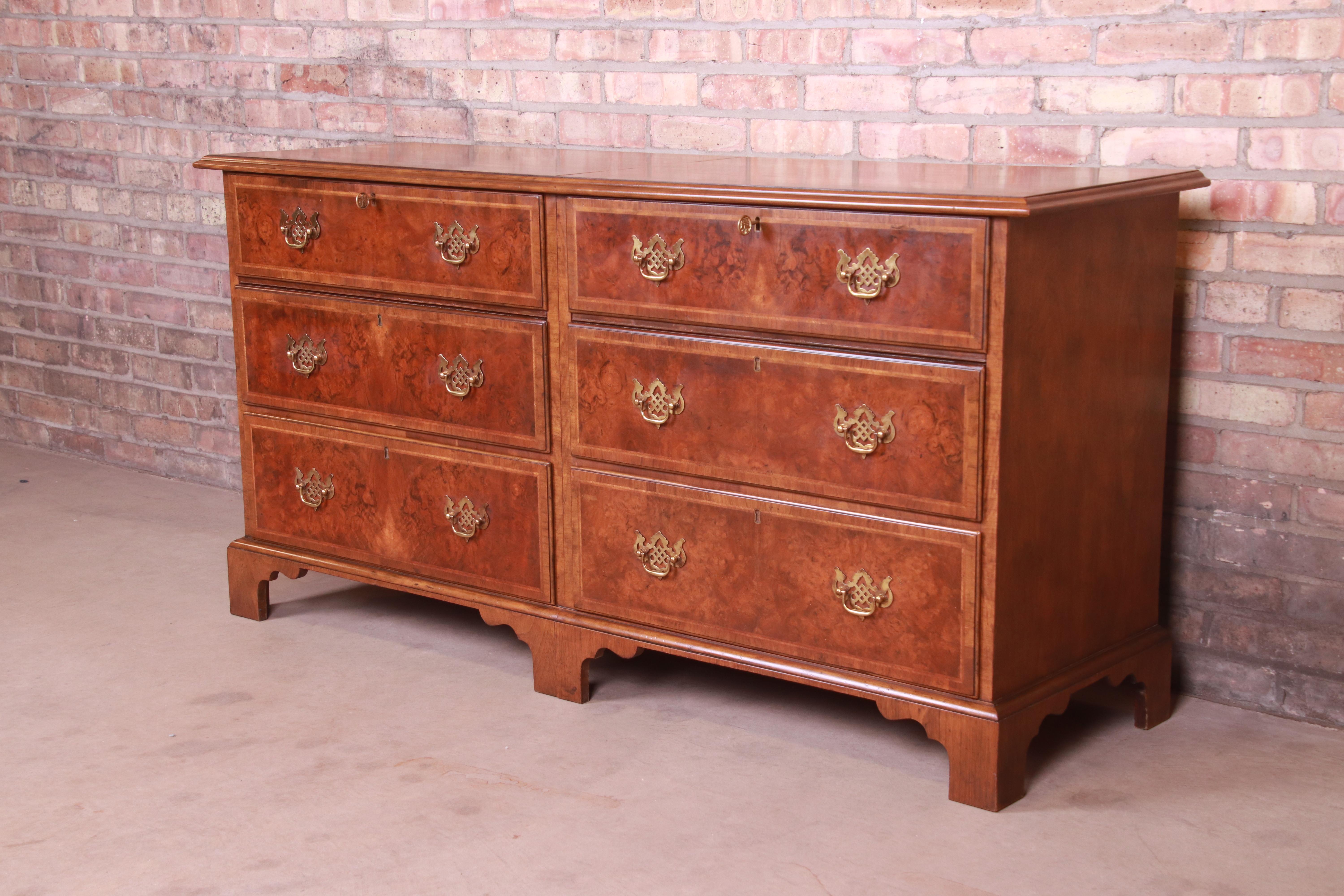 Baker Furniture Chippendale Mahogany and Burled Walnut Dresser Chest In Good Condition In South Bend, IN