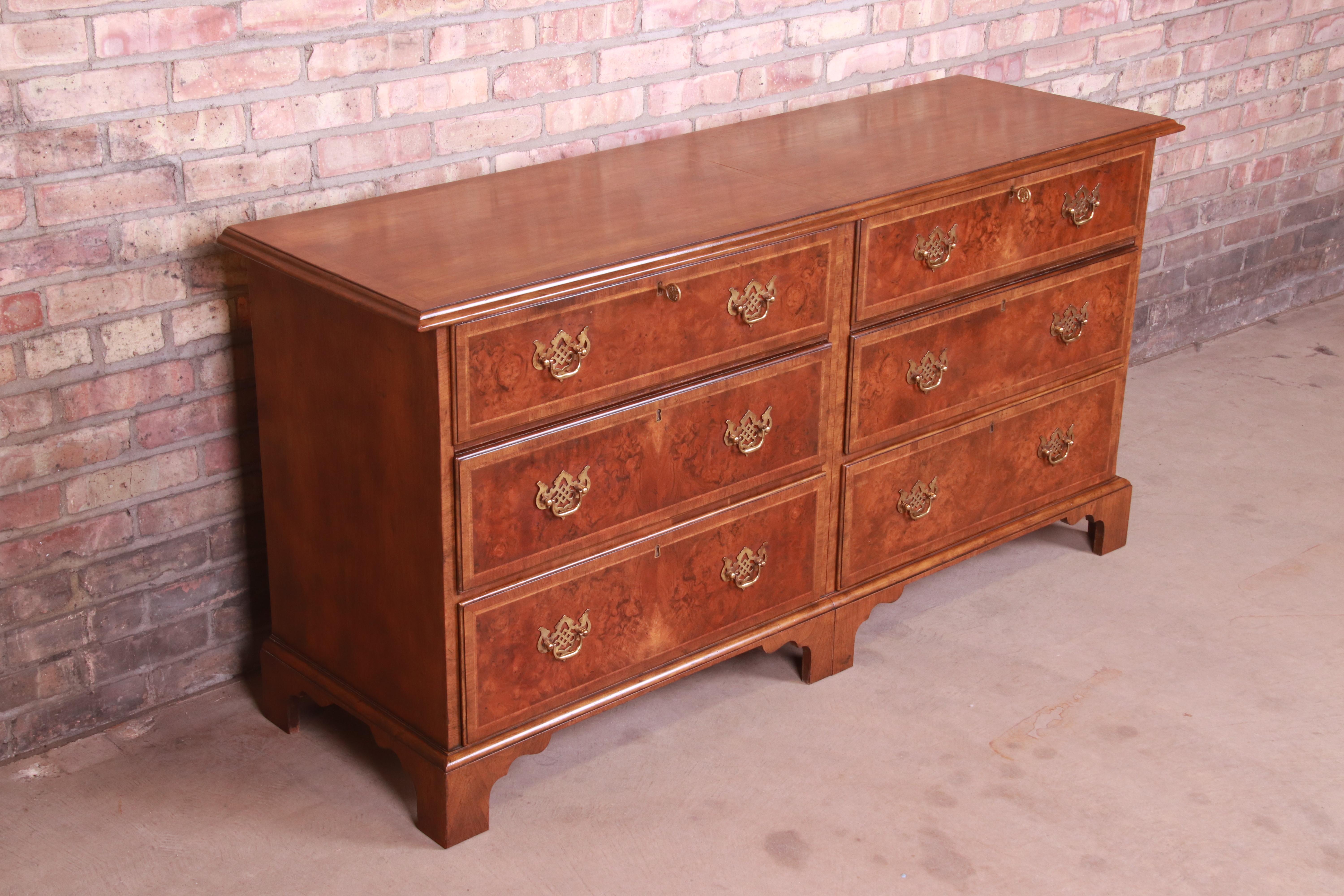 20th Century Baker Furniture Chippendale Mahogany and Burled Walnut Dresser Chest