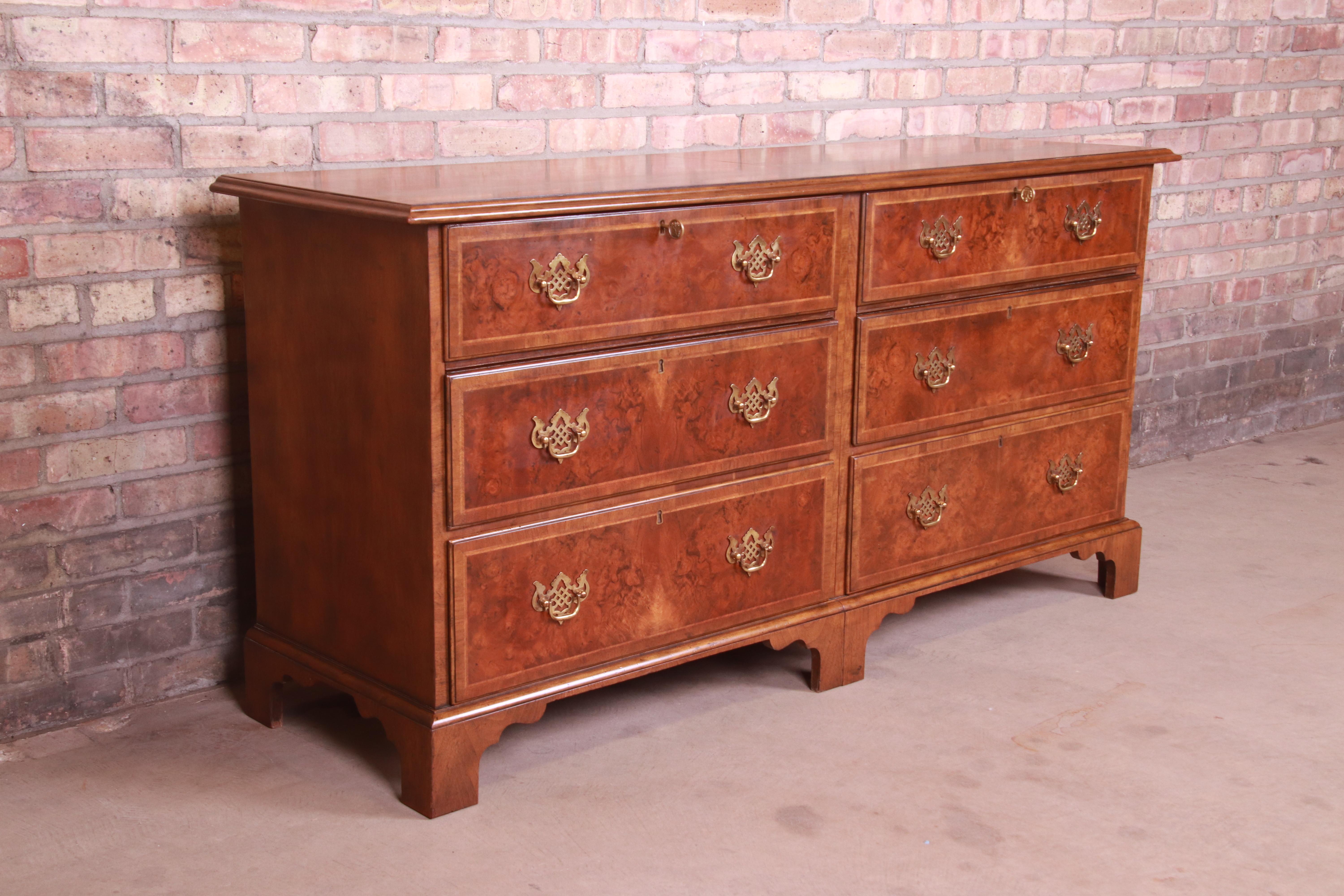 Brass Baker Furniture Chippendale Mahogany and Burled Walnut Dresser Chest