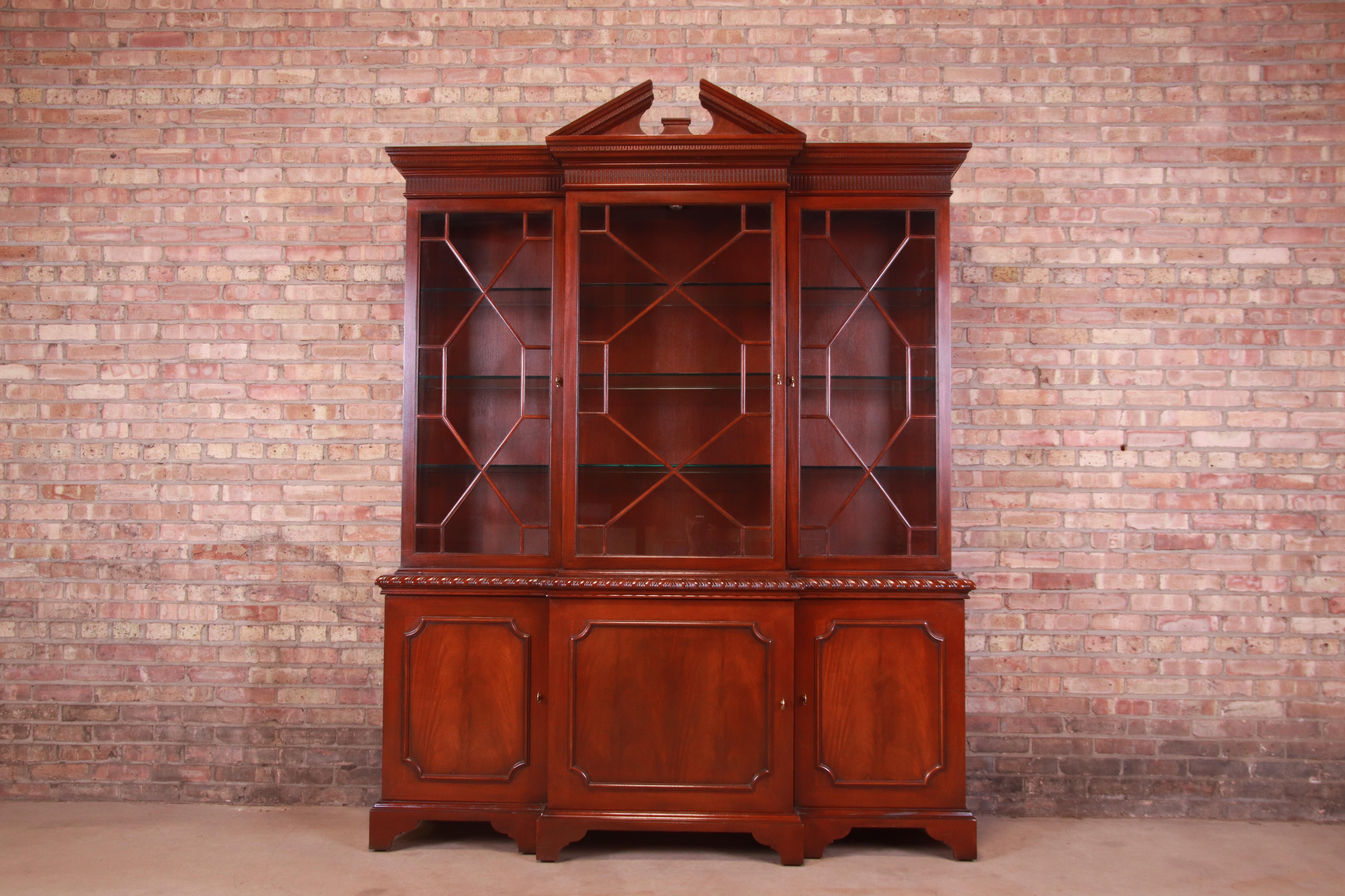 American Baker Furniture Chippendale Mahogany Breakfront Bookcase Cabinet