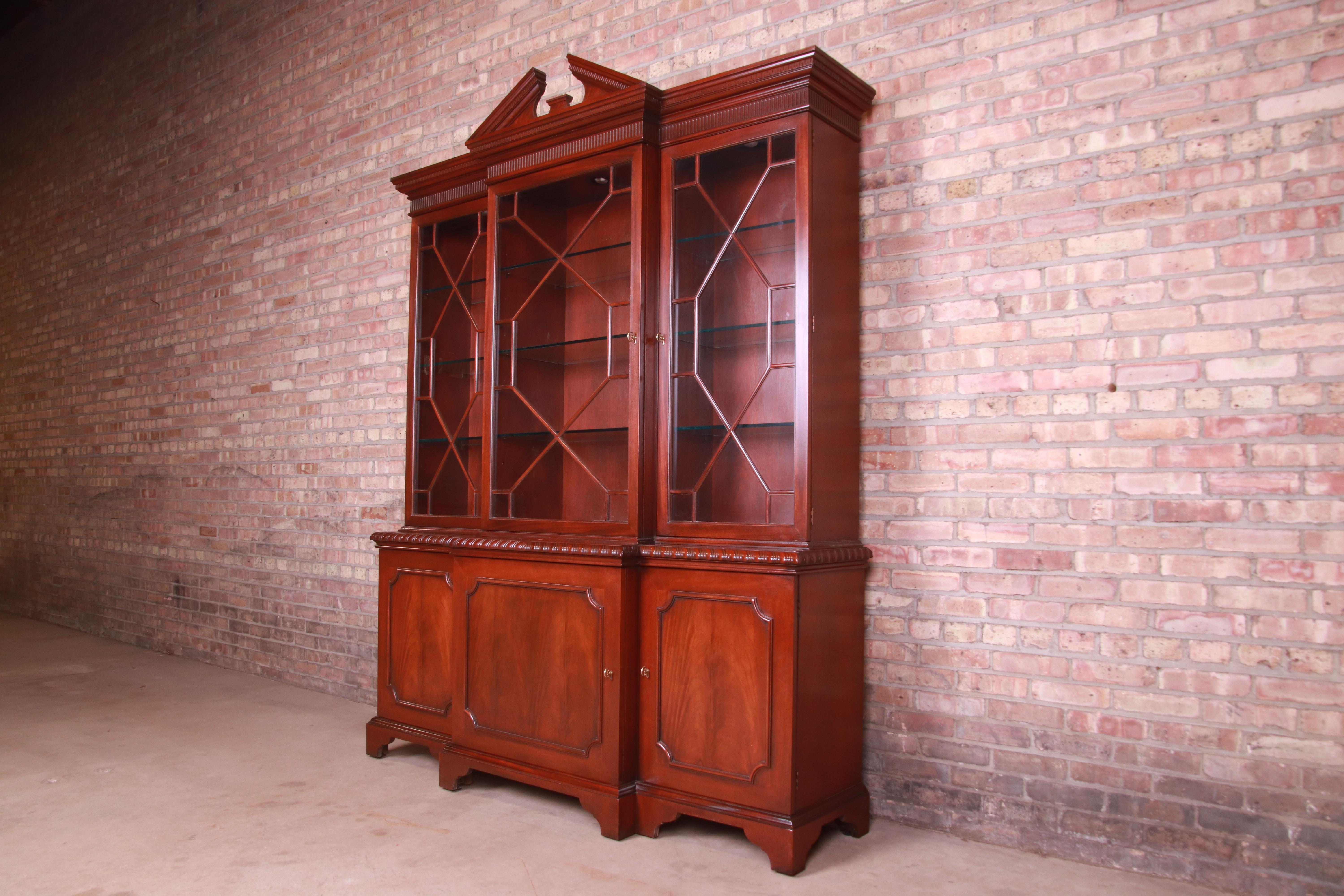 20th Century Baker Furniture Chippendale Mahogany Breakfront Bookcase Cabinet