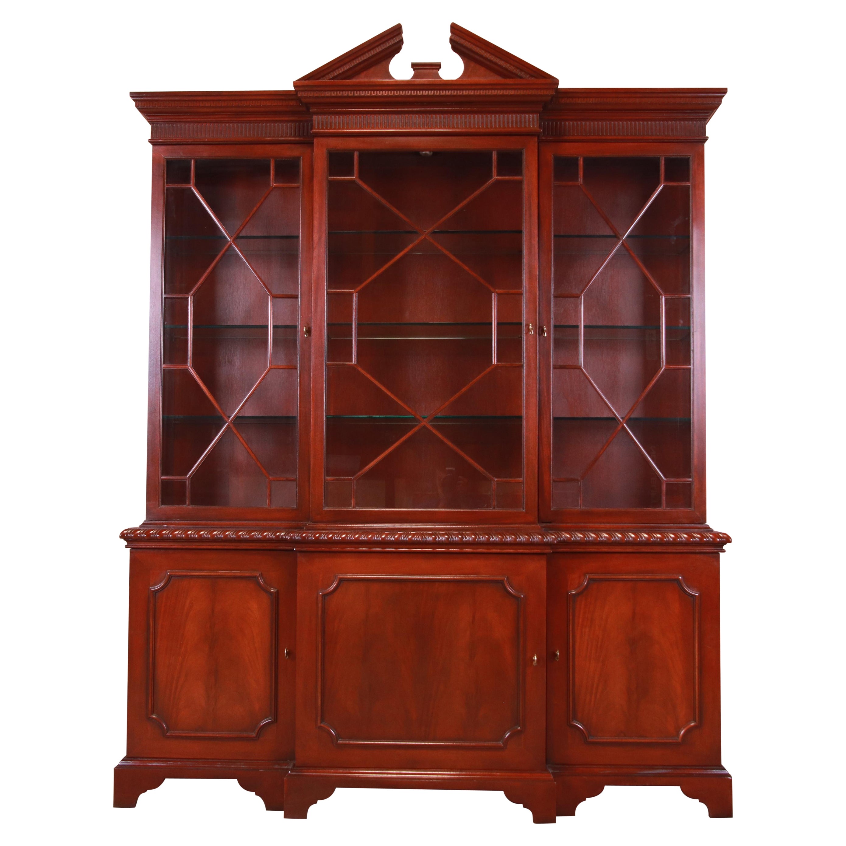 Baker Furniture Chippendale Mahogany Breakfront Bookcase Cabinet
