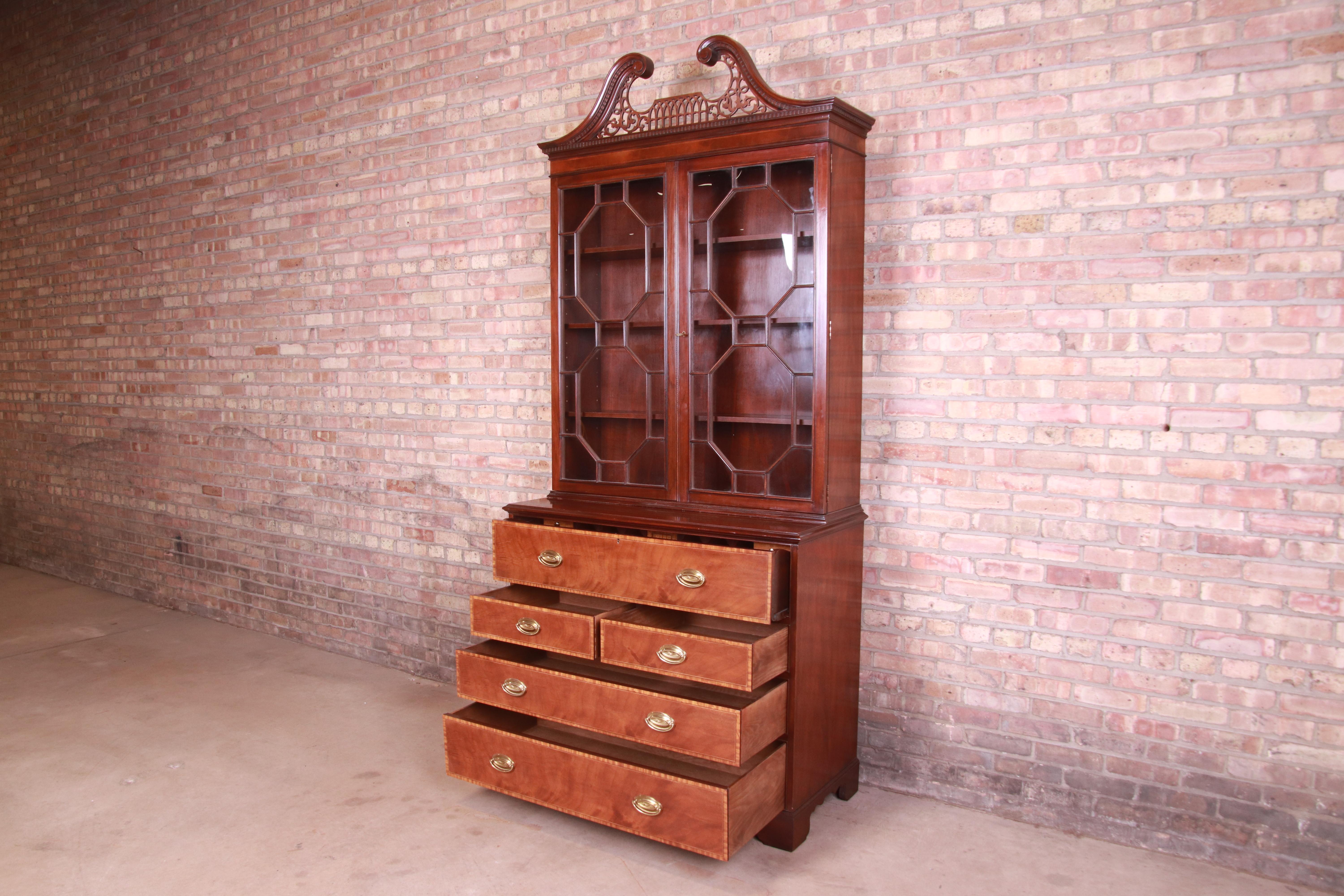 Baker Furniture Chippendale Mahogany Breakfront Bookcase with Secretary Desk 7
