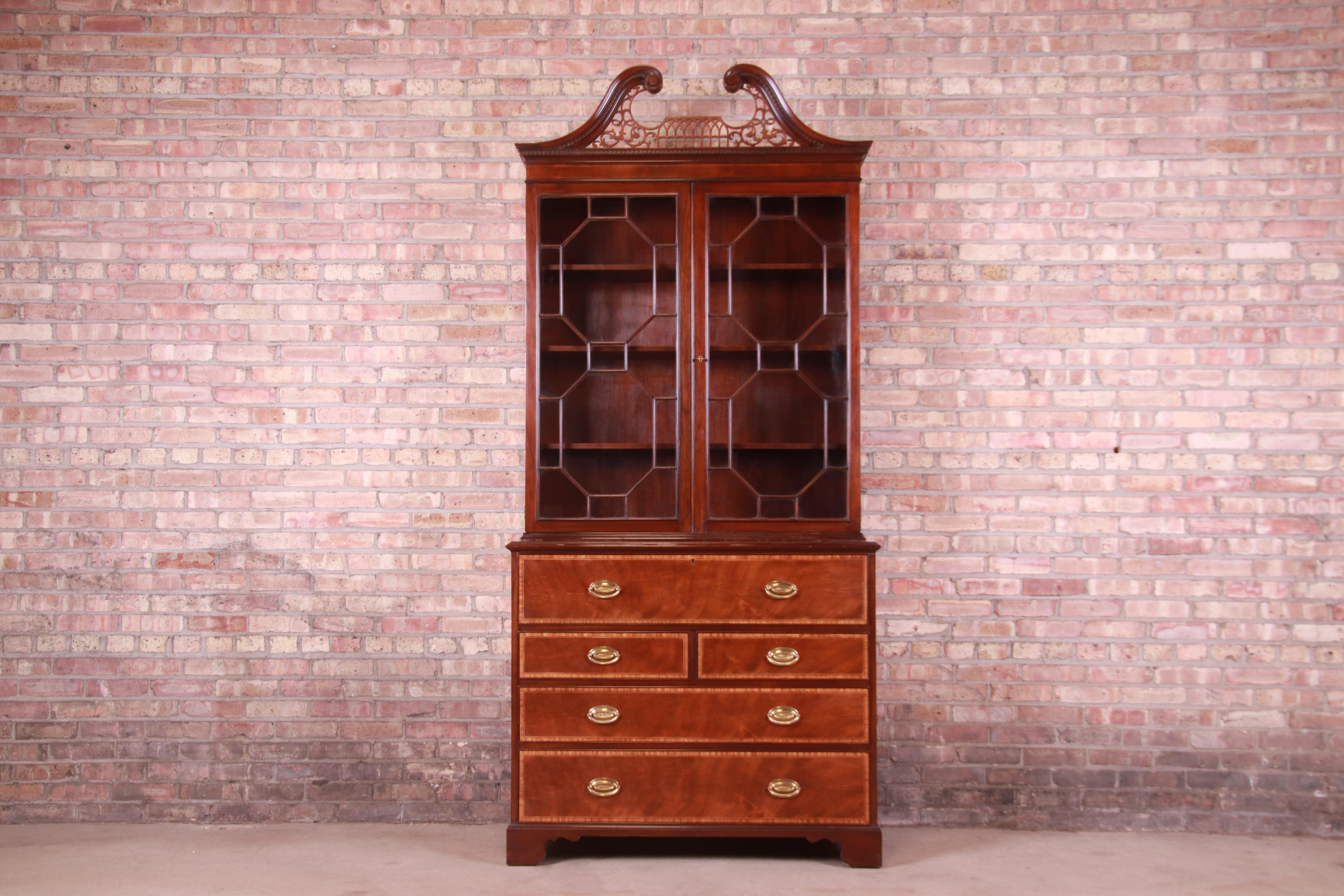 American Baker Furniture Chippendale Mahogany Breakfront Bookcase with Secretary Desk