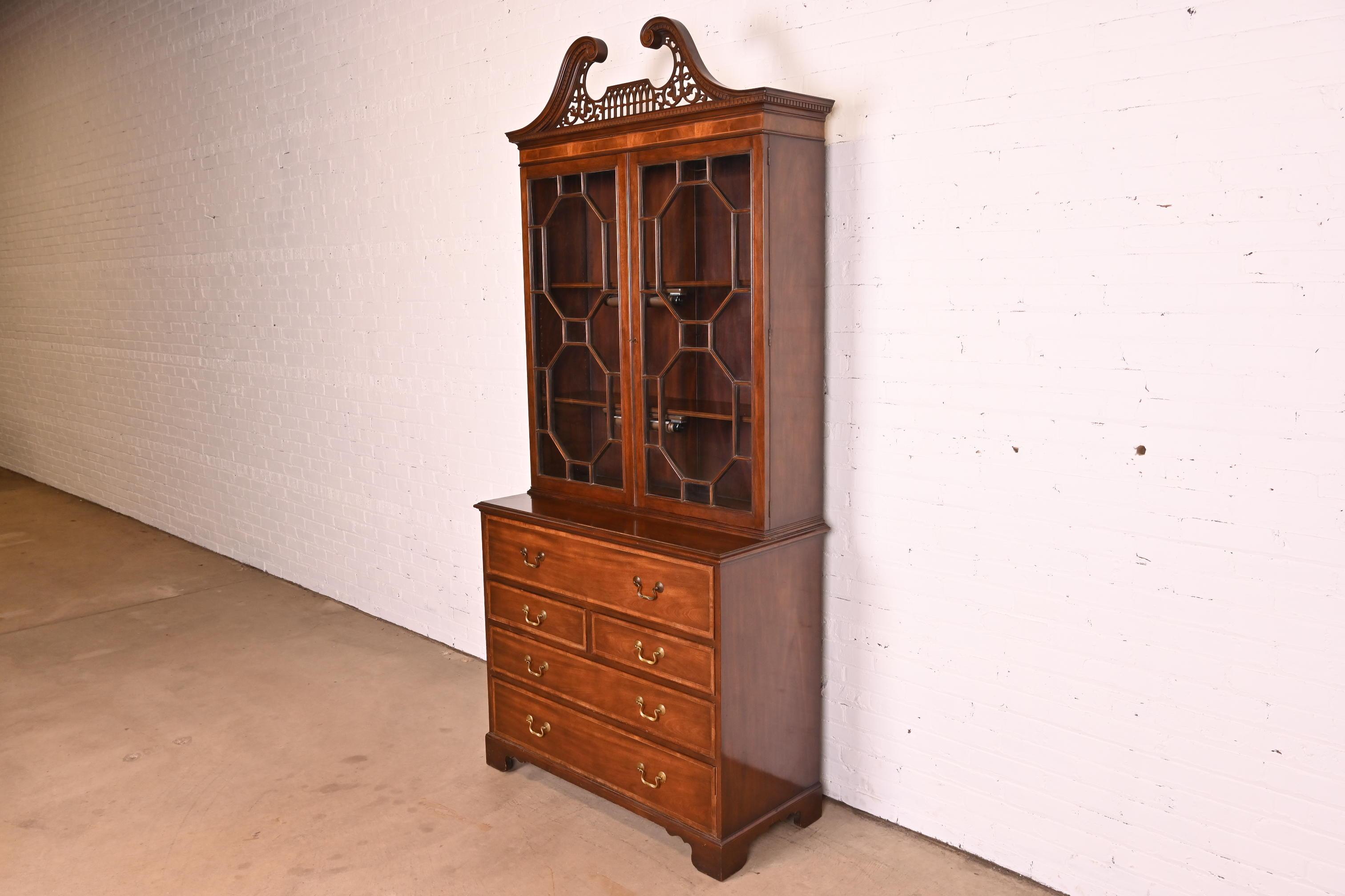 American Baker Furniture Chippendale Mahogany Breakfront Bookcase with Secretary Desk