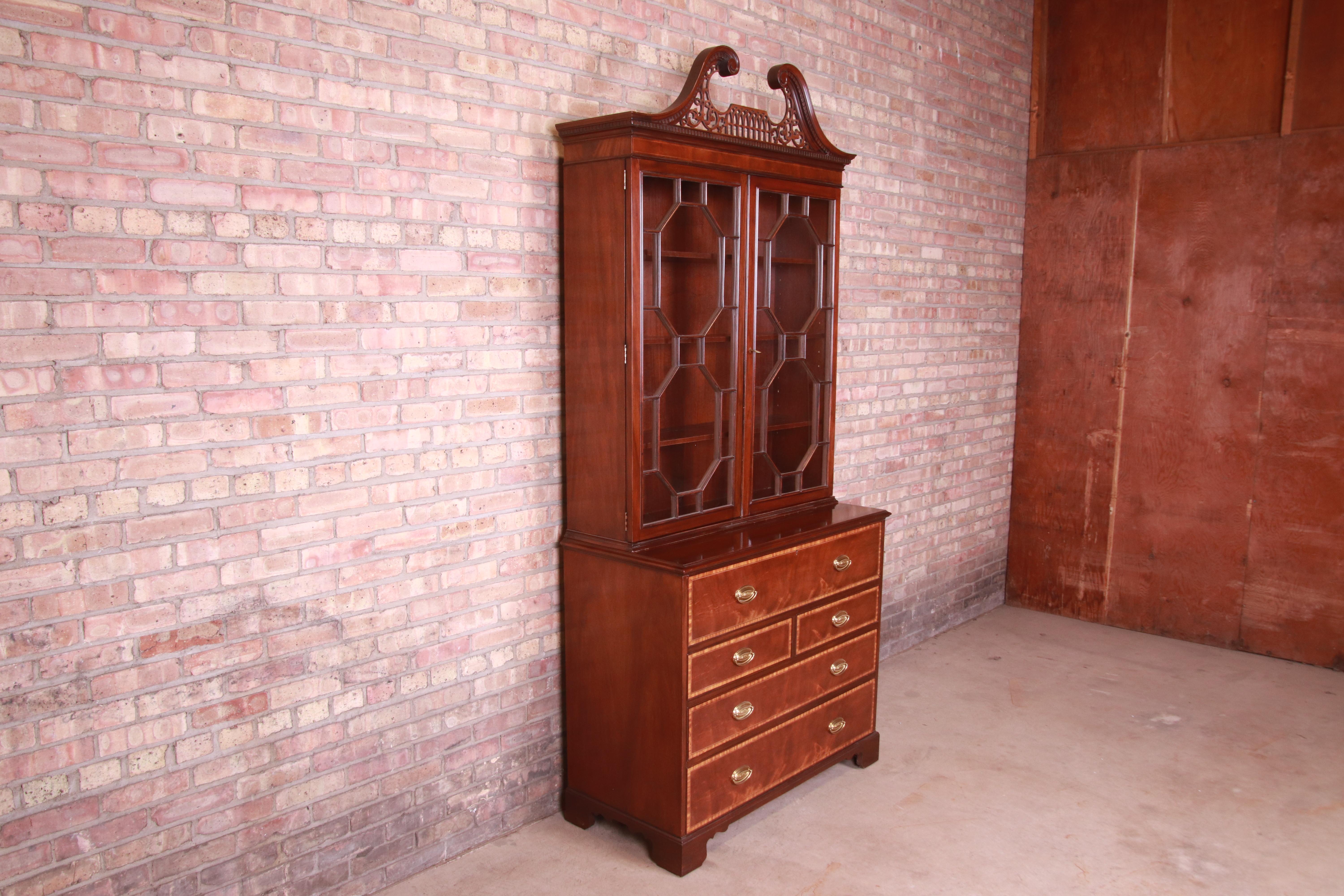 Baker Furniture Chippendale Mahogany Breakfront Bookcase with Secretary Desk In Good Condition In South Bend, IN