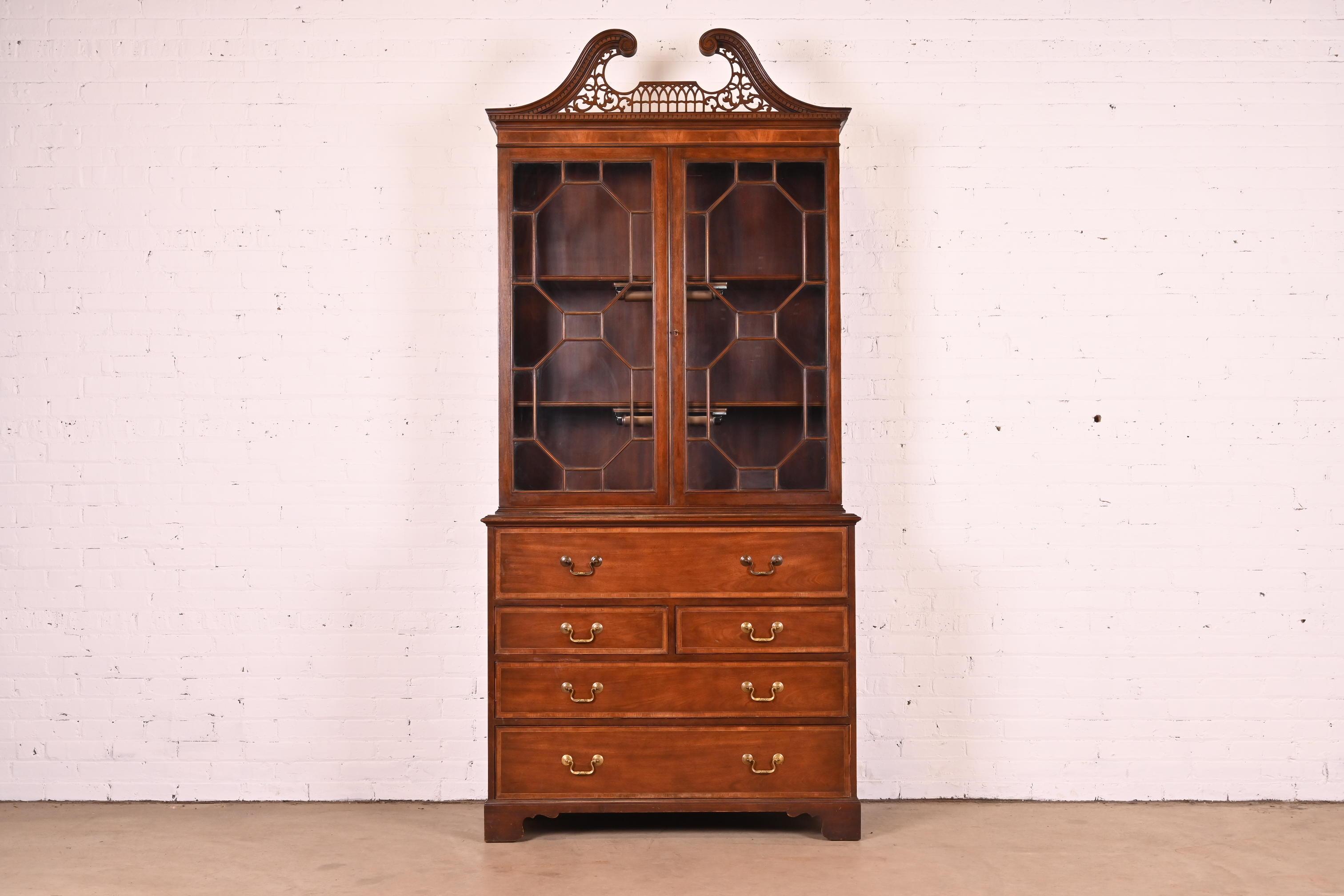 Baker Furniture Chippendale Mahogany Breakfront Bookcase with Secretary Desk In Good Condition In South Bend, IN