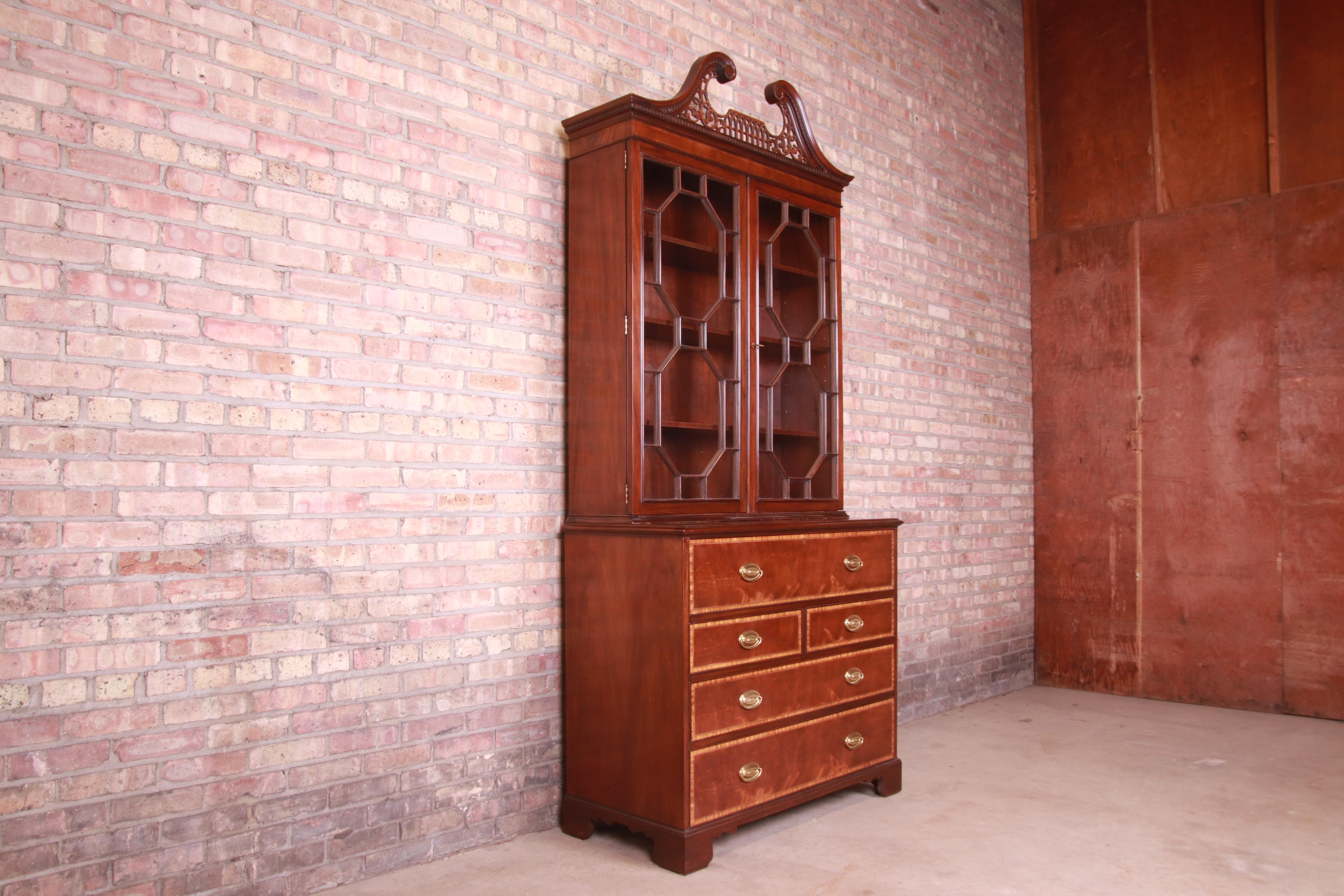 20th Century Baker Furniture Chippendale Mahogany Breakfront Bookcase with Secretary Desk