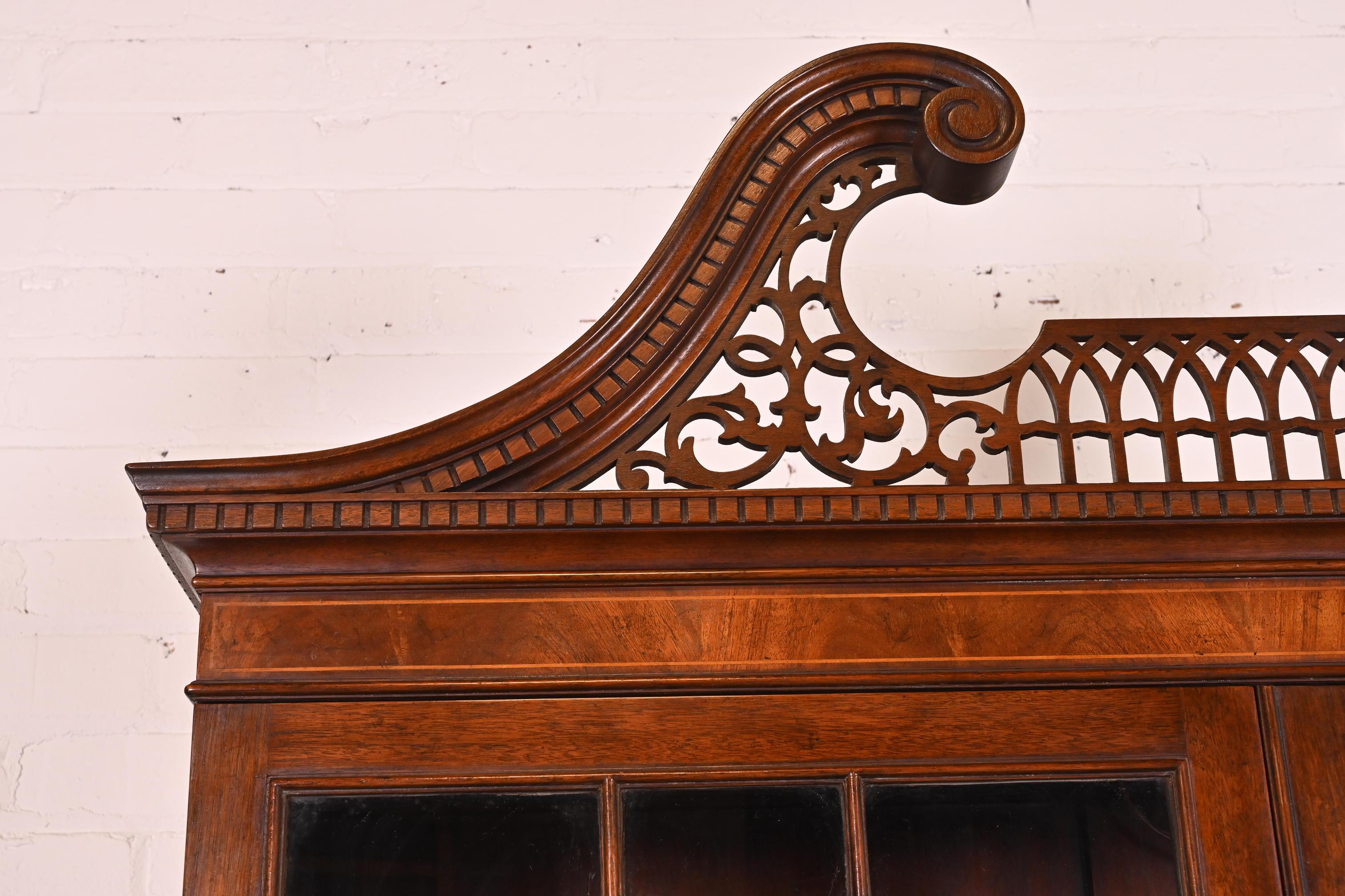 20th Century Baker Furniture Chippendale Mahogany Breakfront Bookcase with Secretary Desk