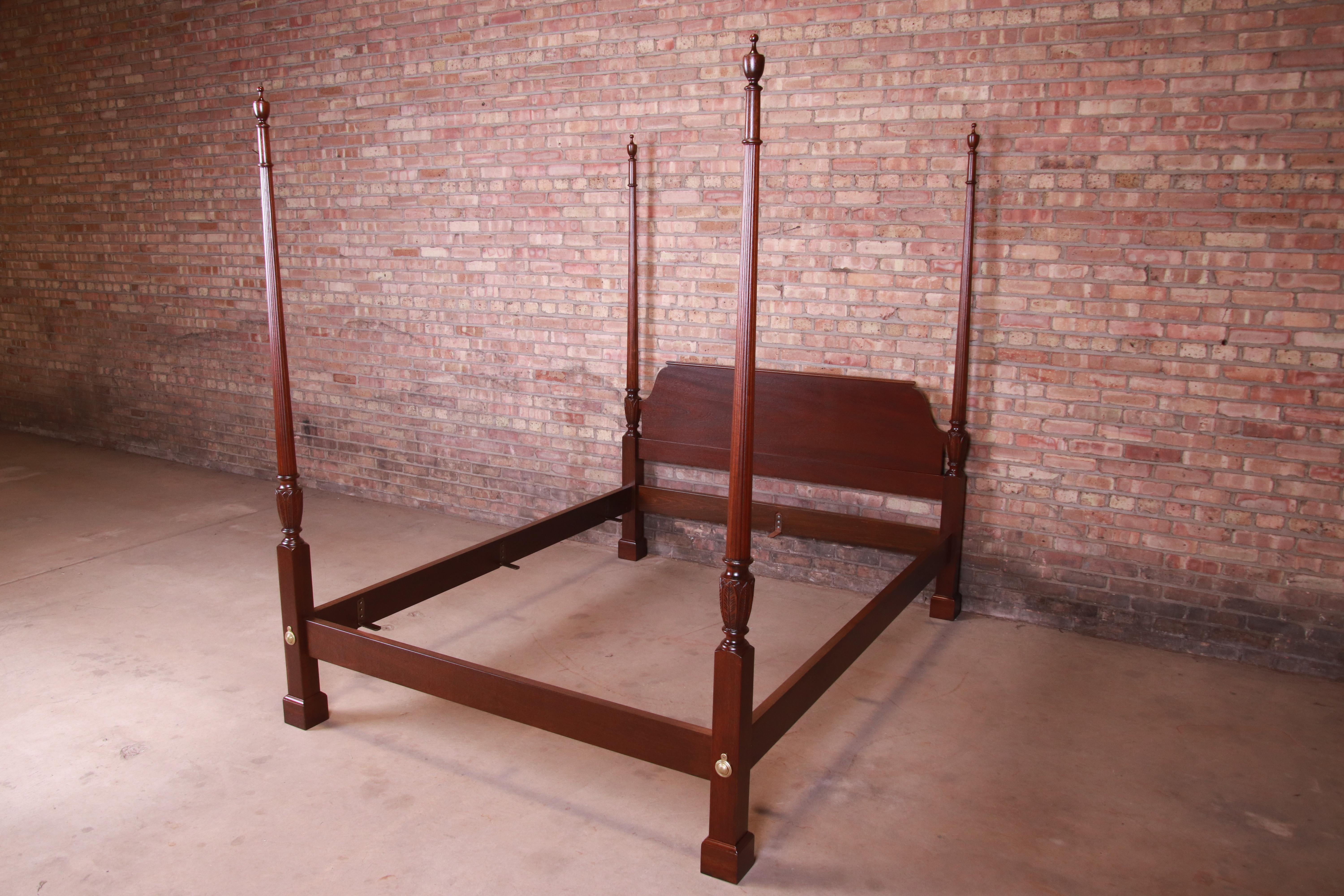American Baker Furniture Chippendale Mahogany Four Poster Queen Size Bed, Refinished