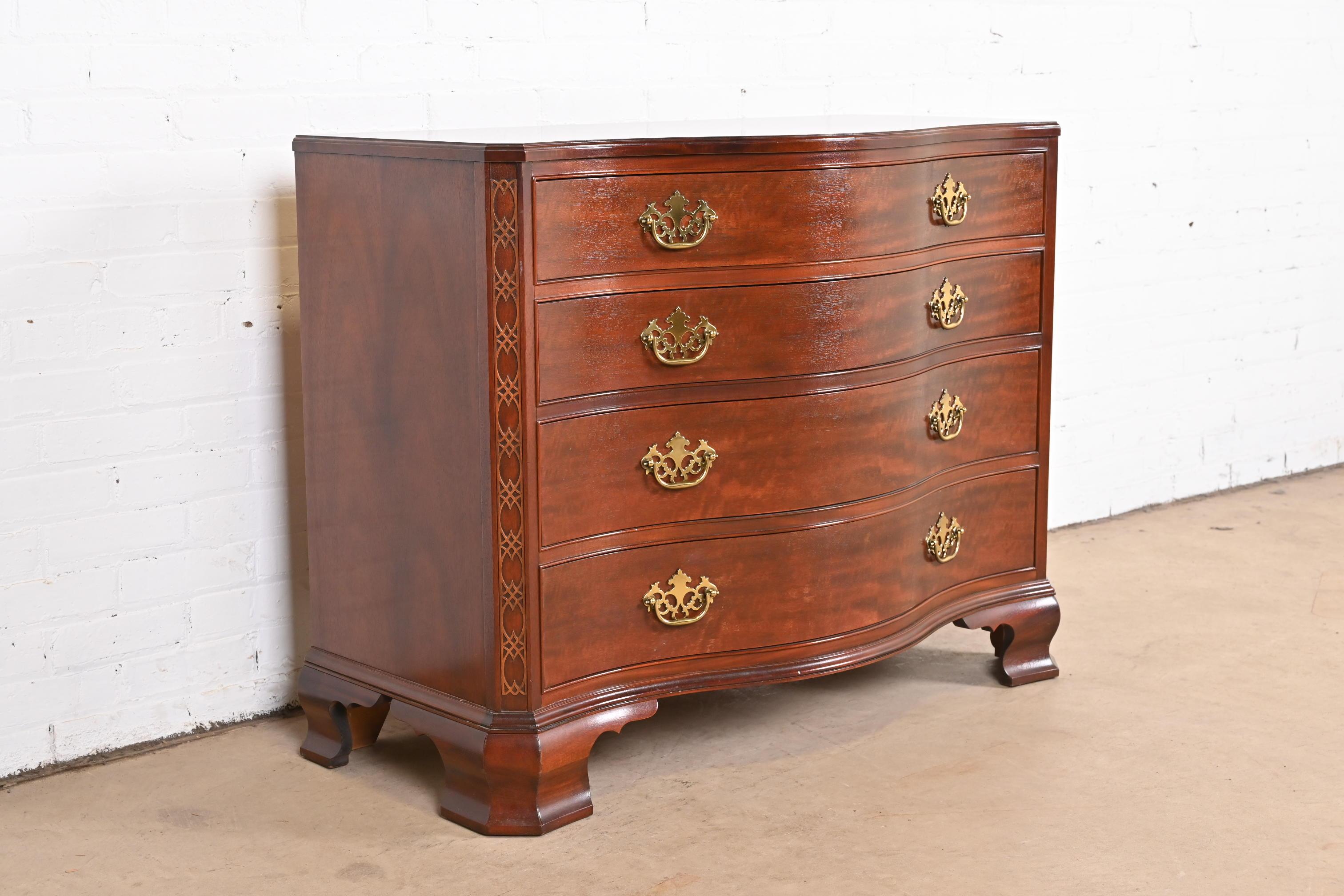 Brass Baker Furniture Chippendale Mahogany Serpentine Dresser Chest, Newly Refinished For Sale