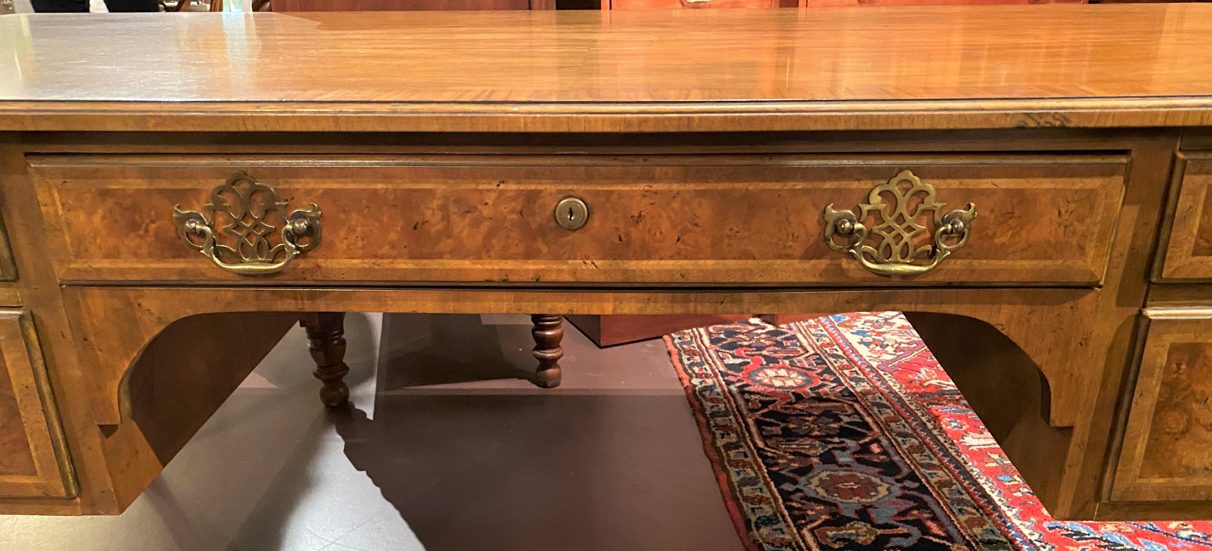 Late 20th Century Baker Furniture Chippendale Style Burled Walnut Executive Desk