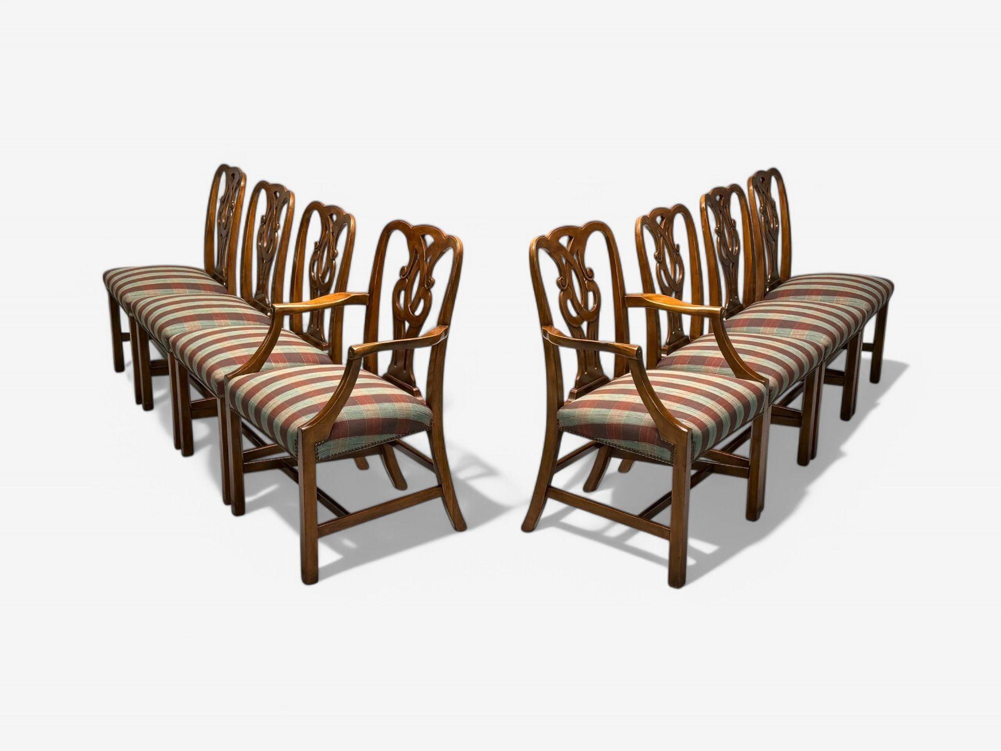 American Baker Furniture, Chippendale Style, Mahogany, Eight Dining Chairs, USA, 1950s For Sale