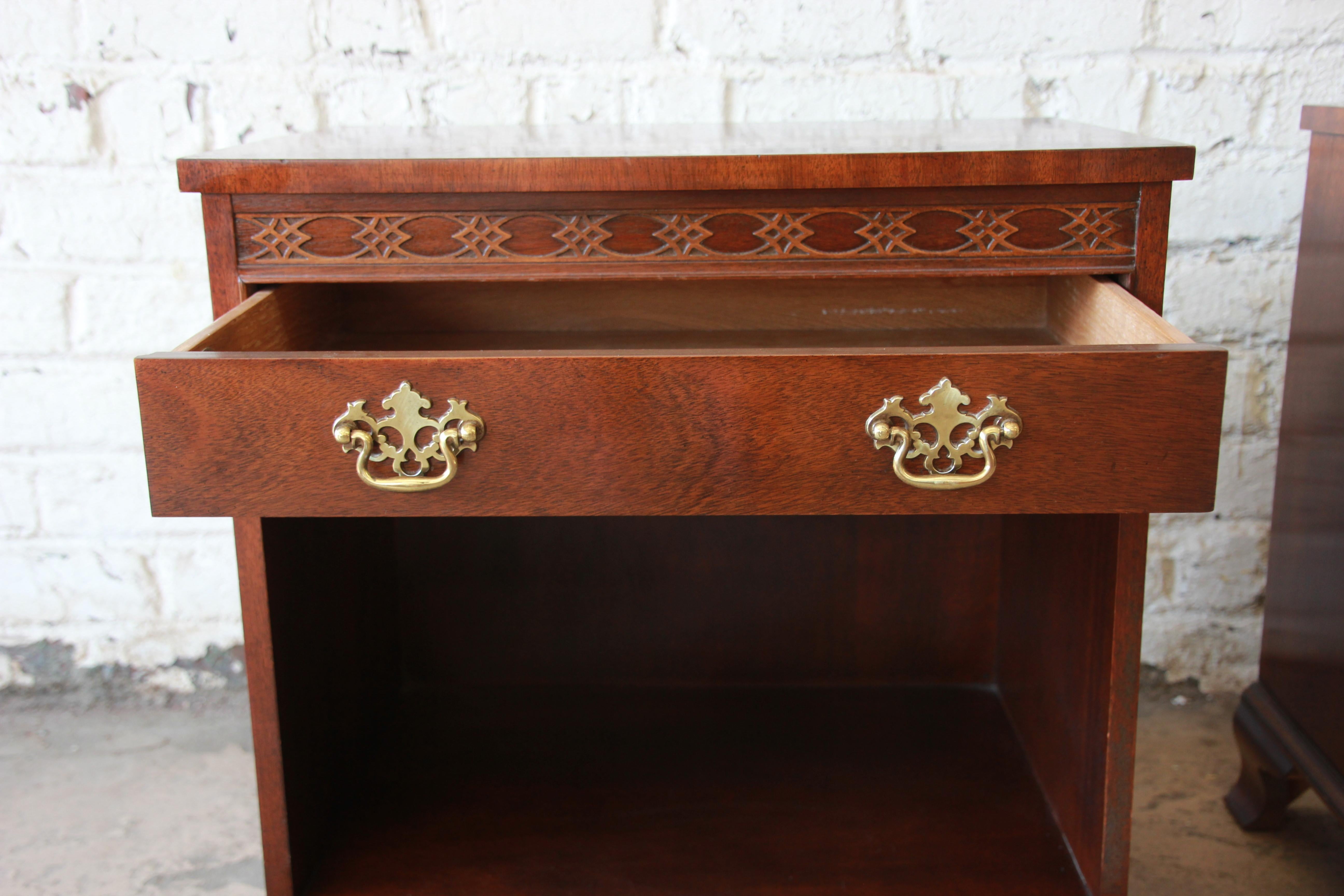 Late 20th Century Baker Furniture Chippendale Style Mahogany Nightstands, Pair