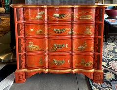 Baker Furniture Cinnabar Red Lacquer Hand-Painted Dutch Chest of Drawers, USA