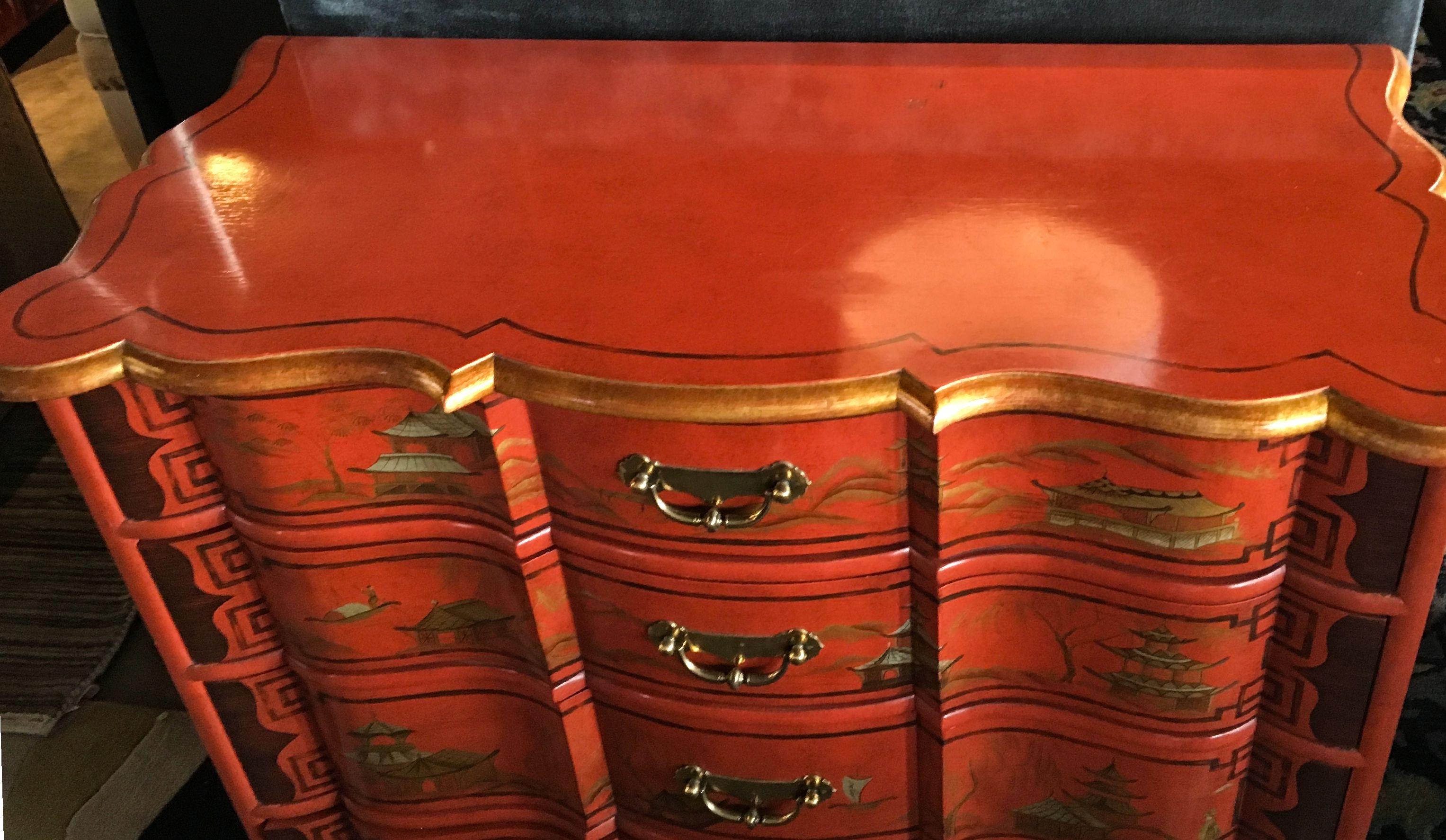 Chinoiserie Baker Furniture Cinnabar Red Lacquer Hand-Painted Dutch Chest of Drawers, USA