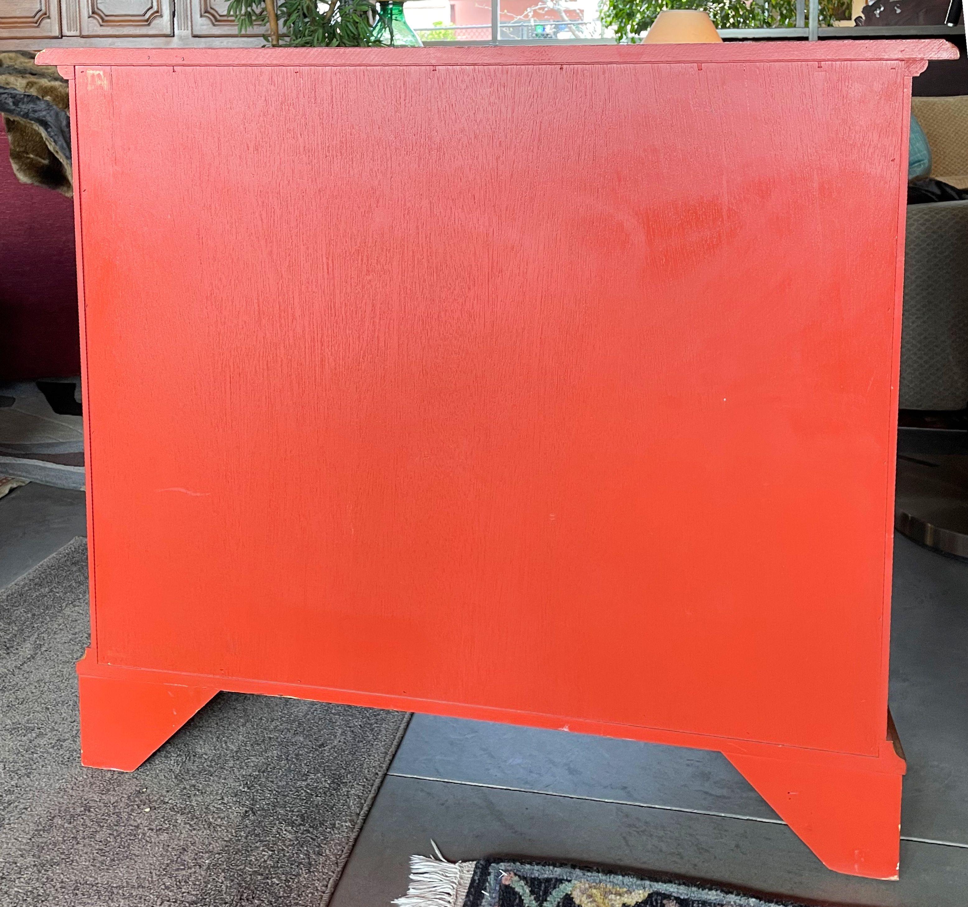 Baker Furniture Cinnabar Red Lacquer Hand-Painted Dutch Chest of Drawers, USA In Good Condition In Brooklyn, NY