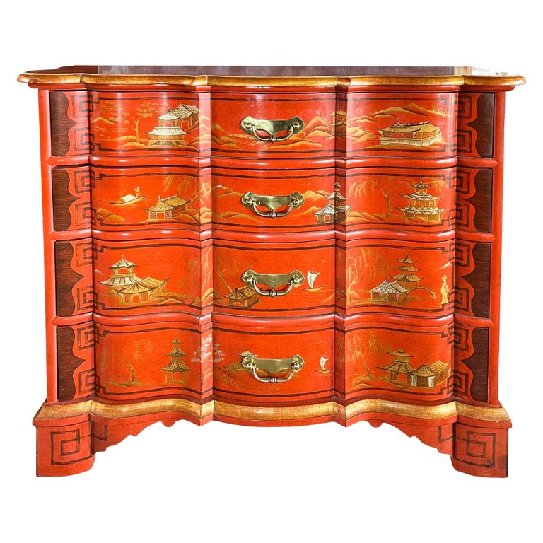 Baker Furniture Cinnabar Red Lacquer HandPainted Dutch Chest of Drawers, USA For Sale at