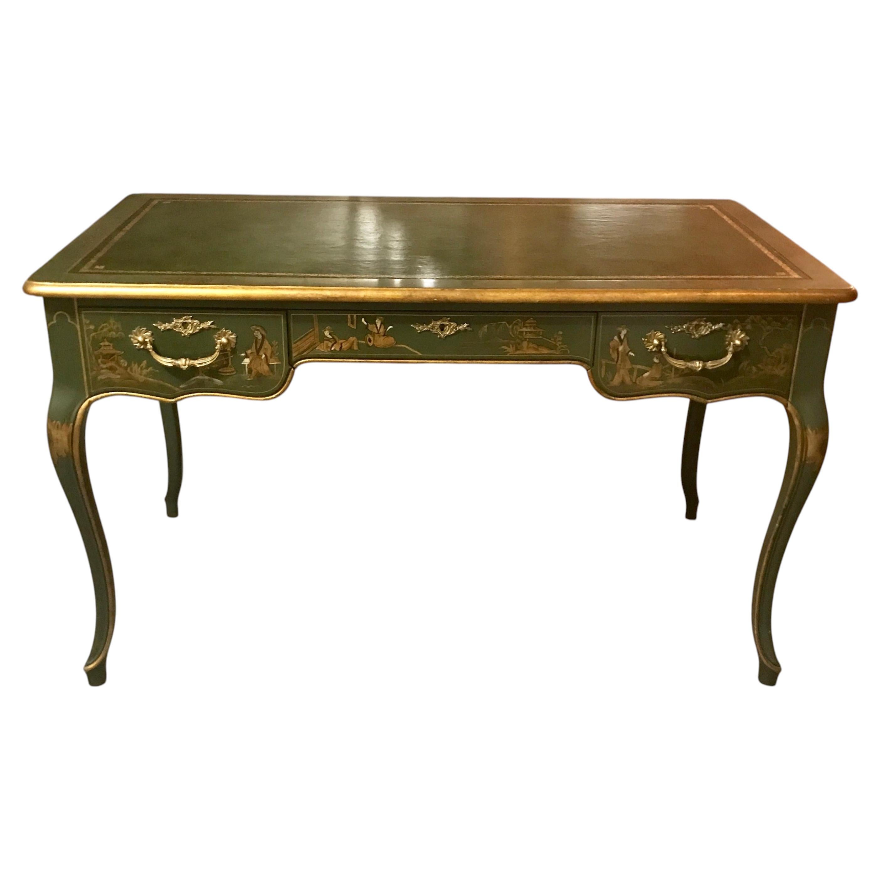 Baker Furniture Circa 1960s Olive and Hand Painted Writing Table For Sale