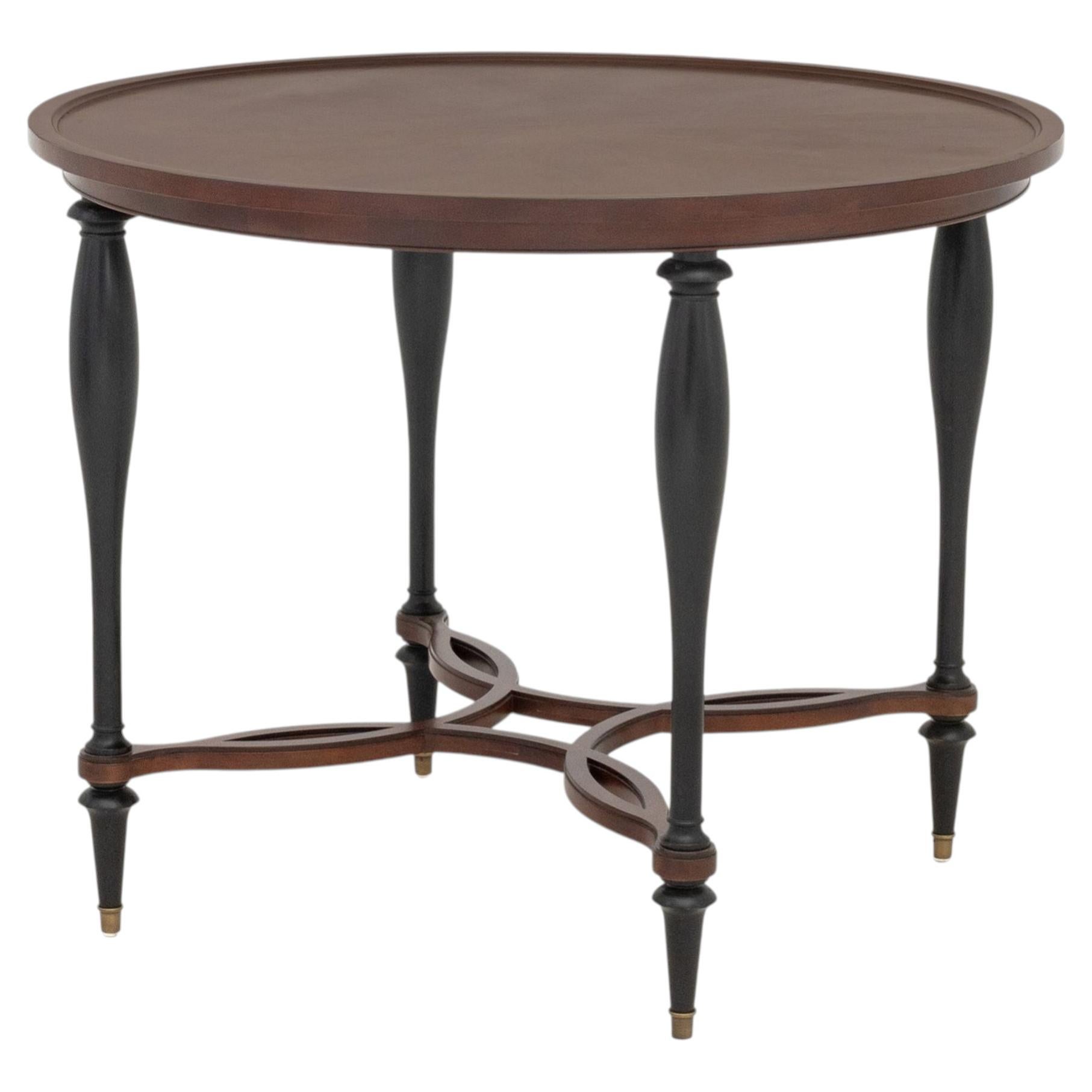 Baker Furniture Circular Center Table with Burlwood Top Over Ebonized Legs For Sale