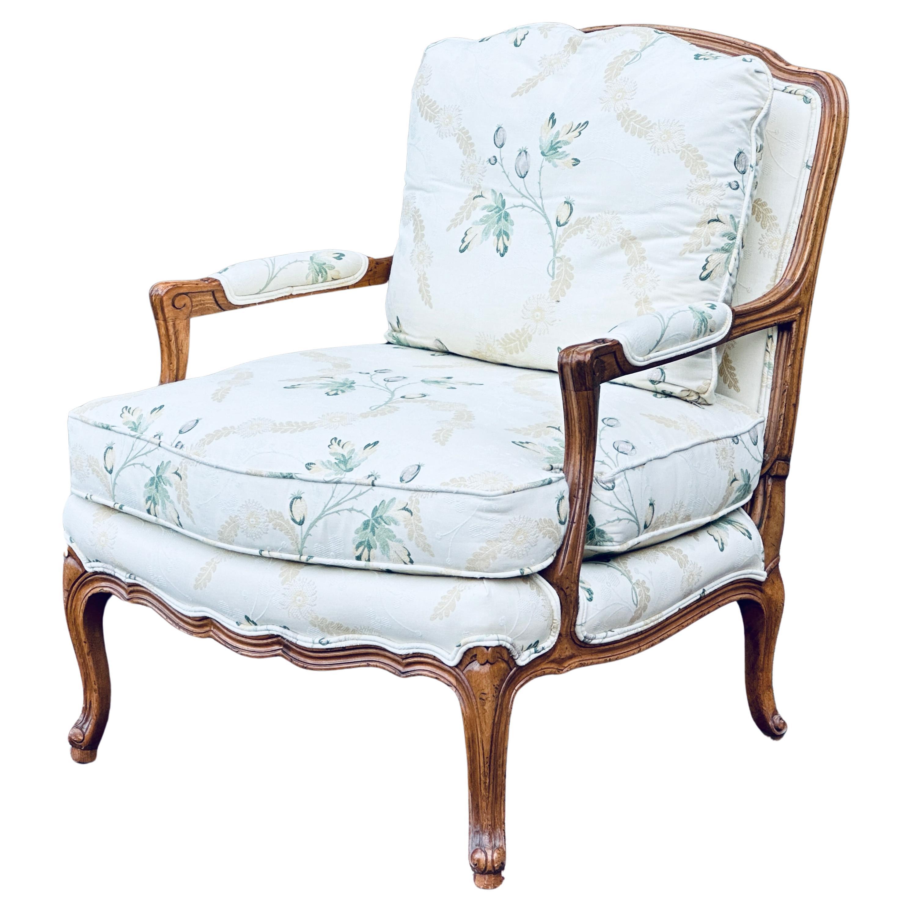 Baker Furniture Co. French Style Carved Open Arm Floral Bergere Chair